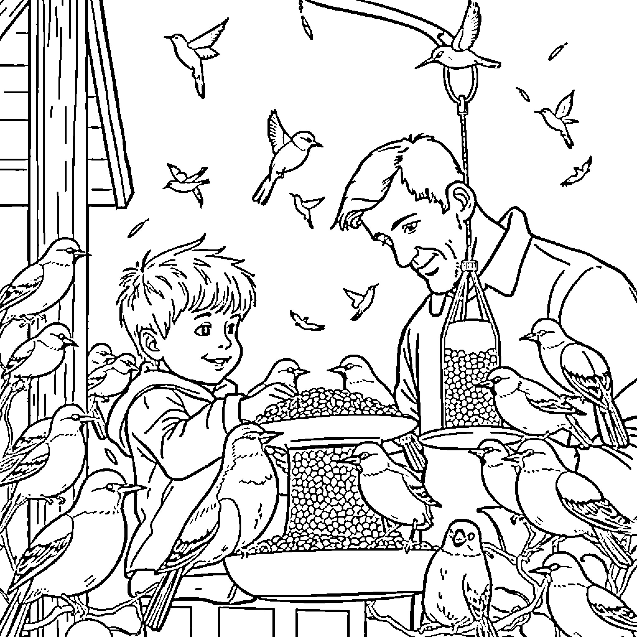 Boy feeding birds in the garden Coloring Page (free black-and-white line drawing printable PDF for all, from beginners to advanced learners, including children, teens, adults, and seniors)