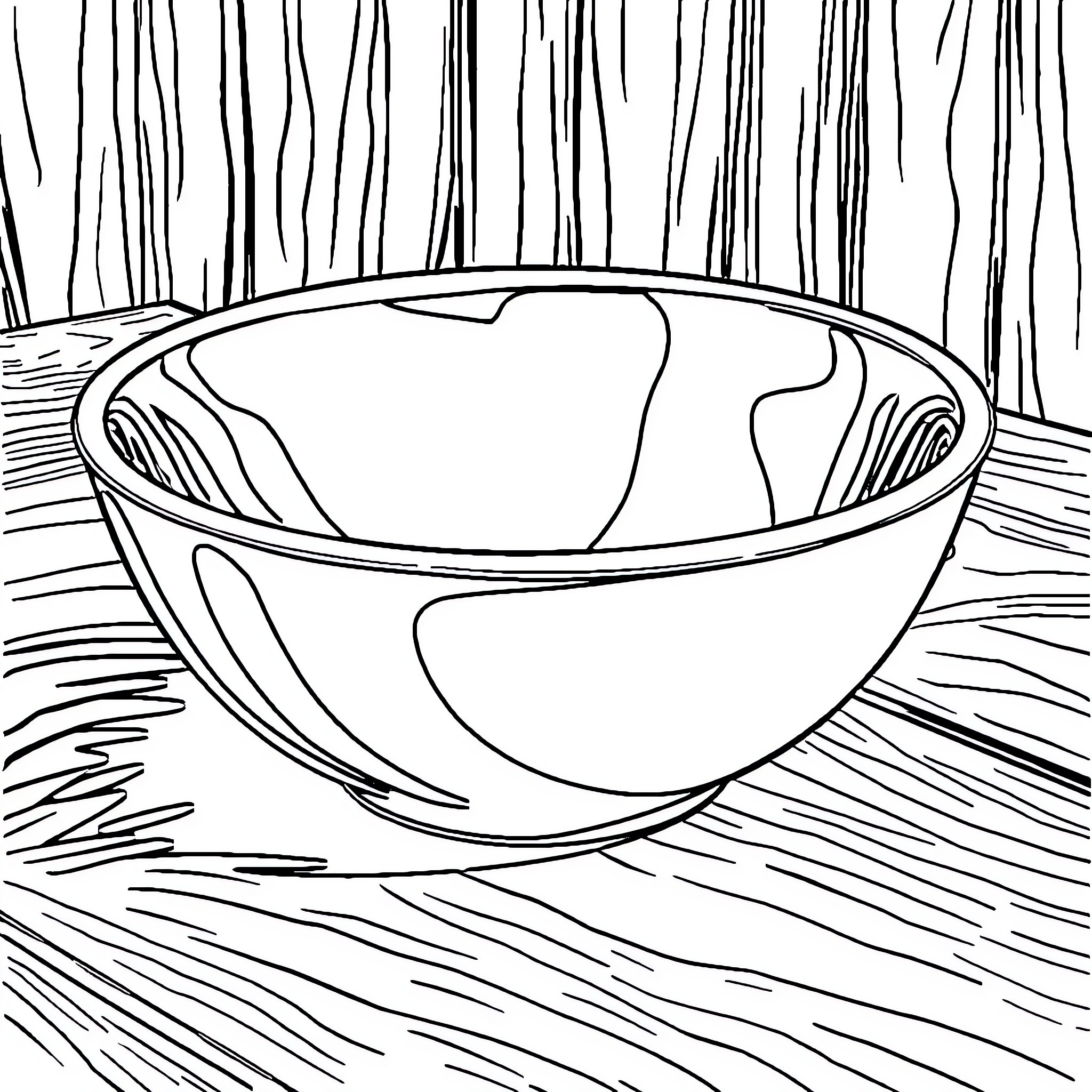 Bowl on a wooden surface Coloring Page (free black-and-white line drawing printable PDF for all, from beginners to advanced learners, including children, teens, adults, and seniors)