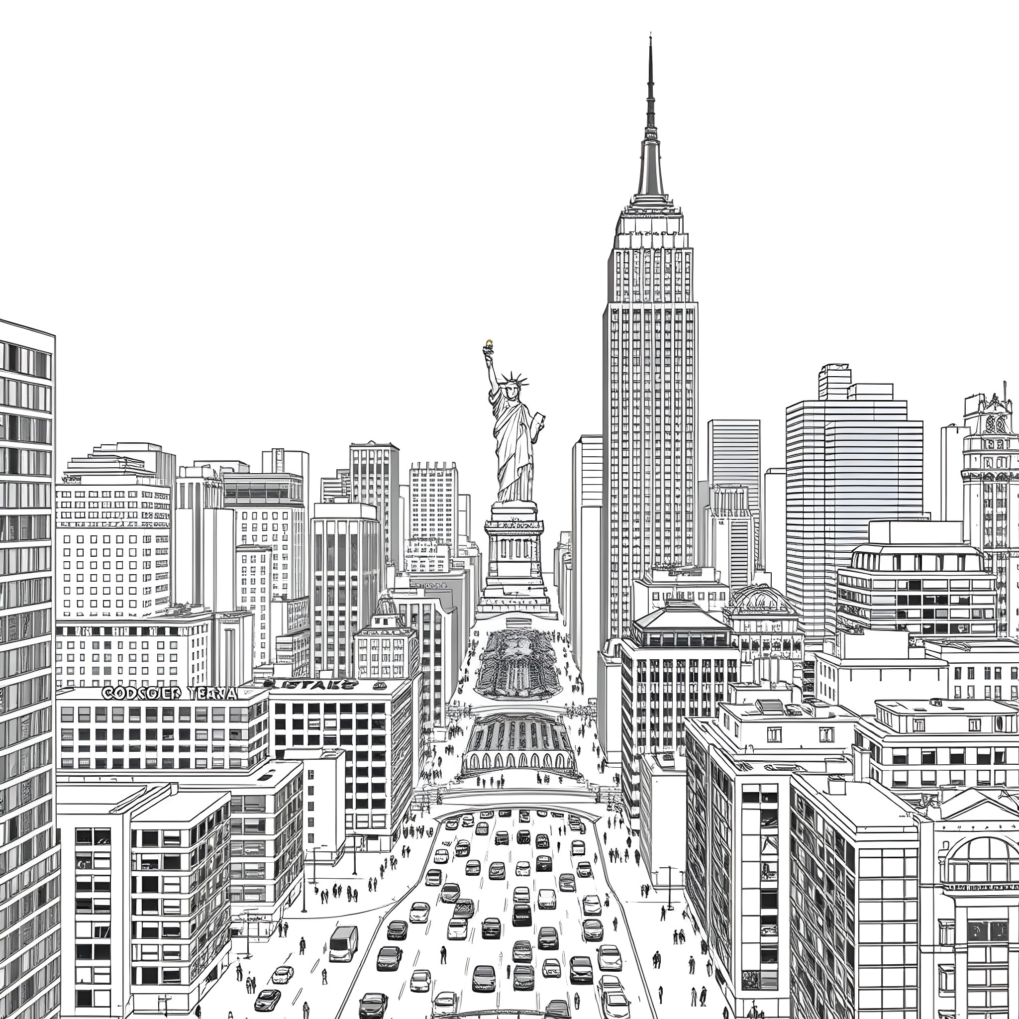 New York City skyline with iconic landmarks and busy streets Coloring Page (free black-and-white line drawing printable PDF for all, from beginners to advanced learners, including children, teens, adults, and seniors)