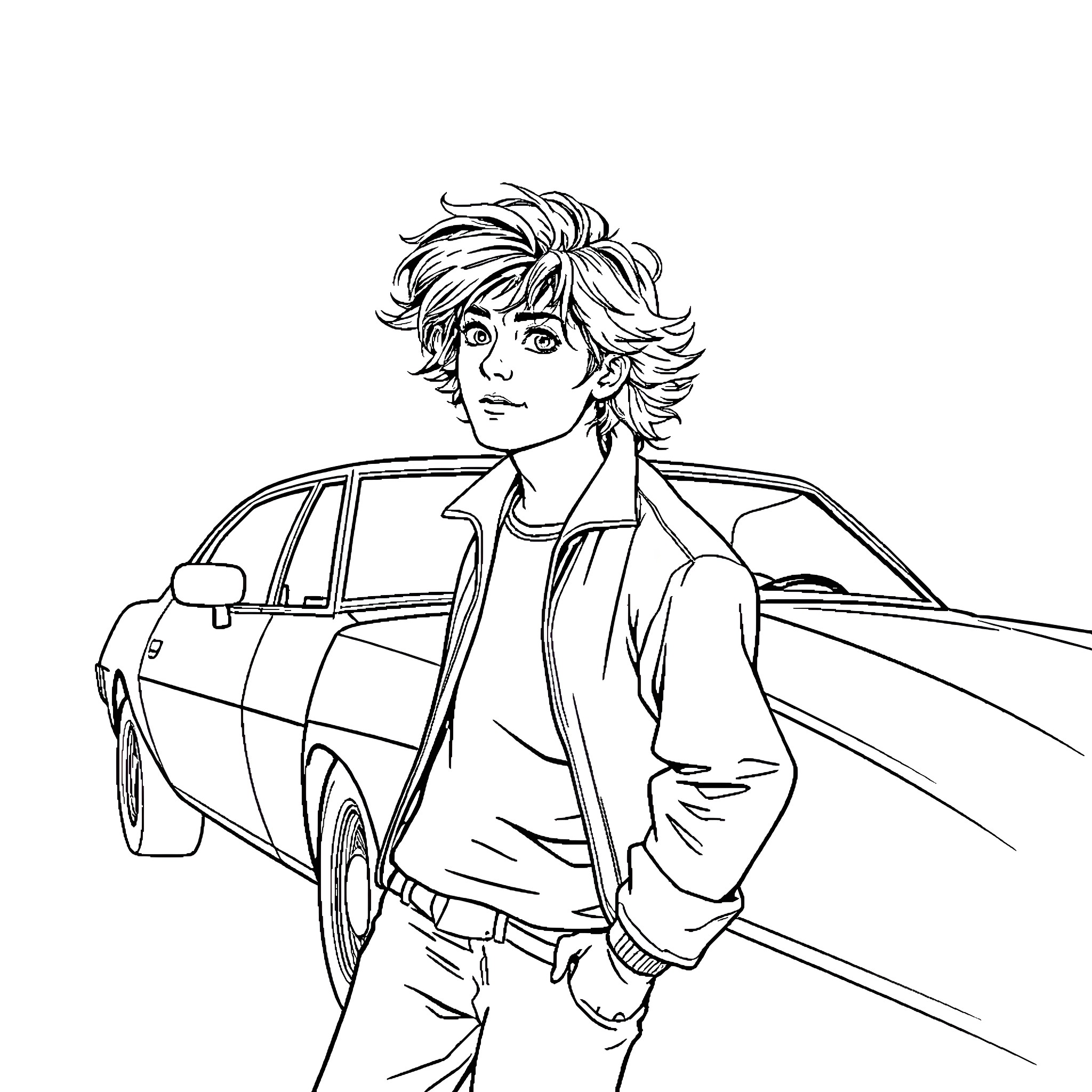 Billy Hargrove standing confidently by a car Coloring Page (free black-and-white line drawing printable PDF for all, from beginners to advanced learners, including children, teens, adults, and seniors)