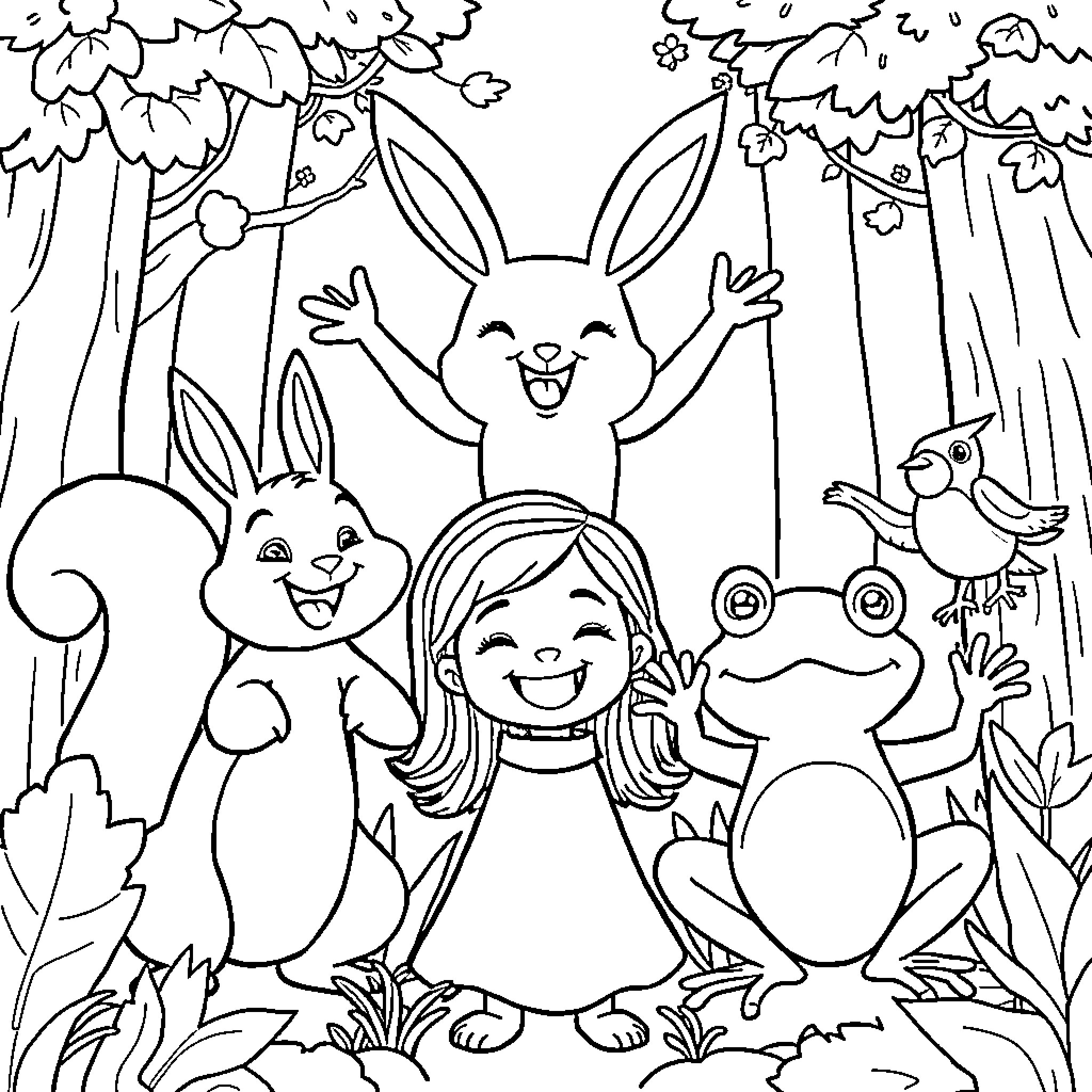 Animal friends having a joyful adventure in the forest Coloring Page (free black-and-white line drawing printable PDF for all, from beginners to advanced learners, including children, teens, adults, and seniors)