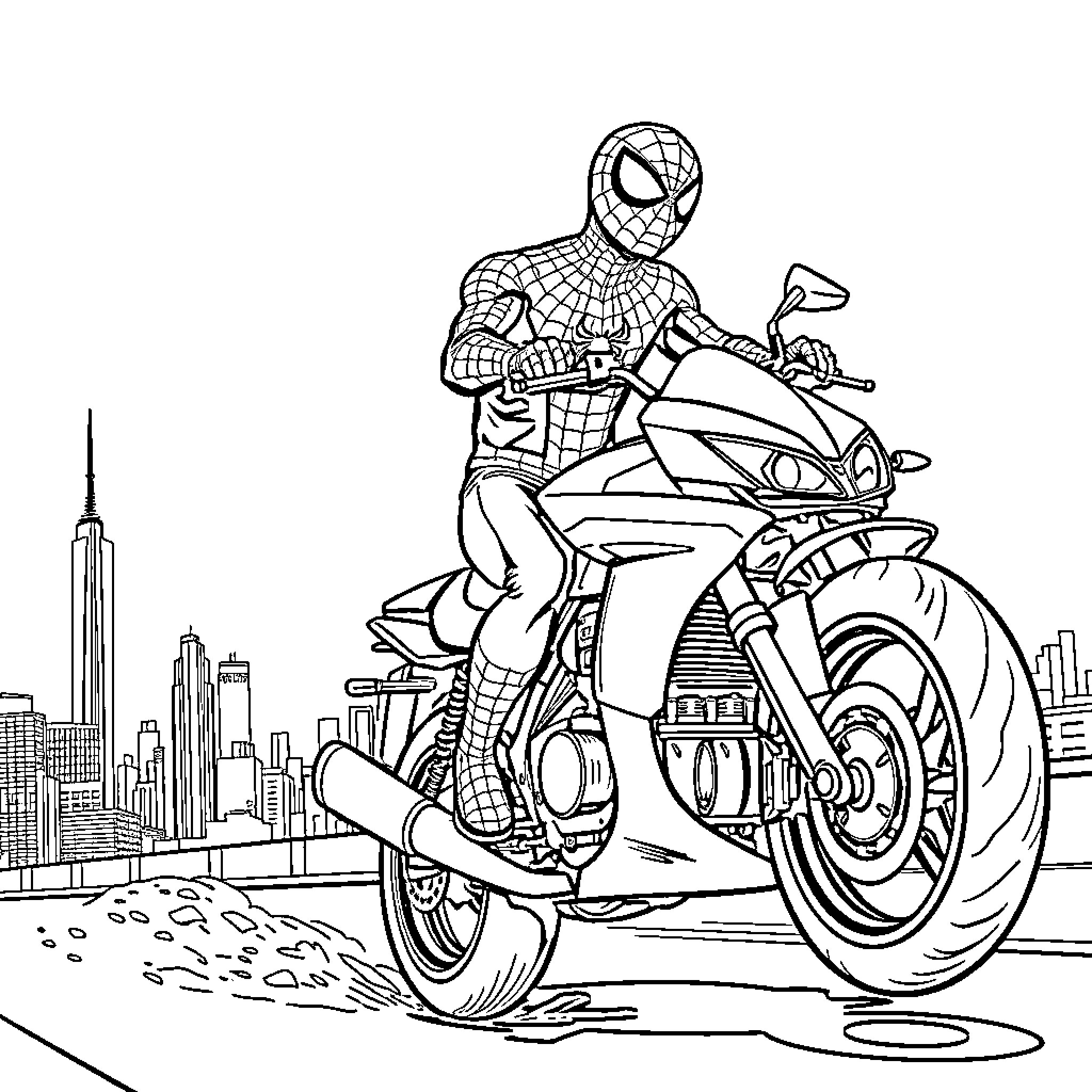 Spiderman riding a motorcycle through the city Coloring Page (free black-and-white line drawing printable PDF for all, from beginners to advanced learners, including children, teens, adults, and seniors)