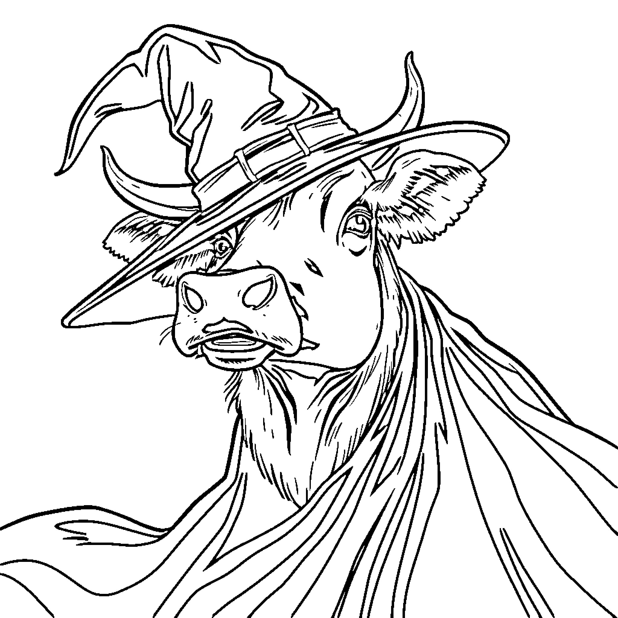 Cow wearing a witch hat with flowing hair Coloring Page (free black-and-white line drawing printable PDF for all, from beginners to advanced learners, including children, teens, adults, and seniors)