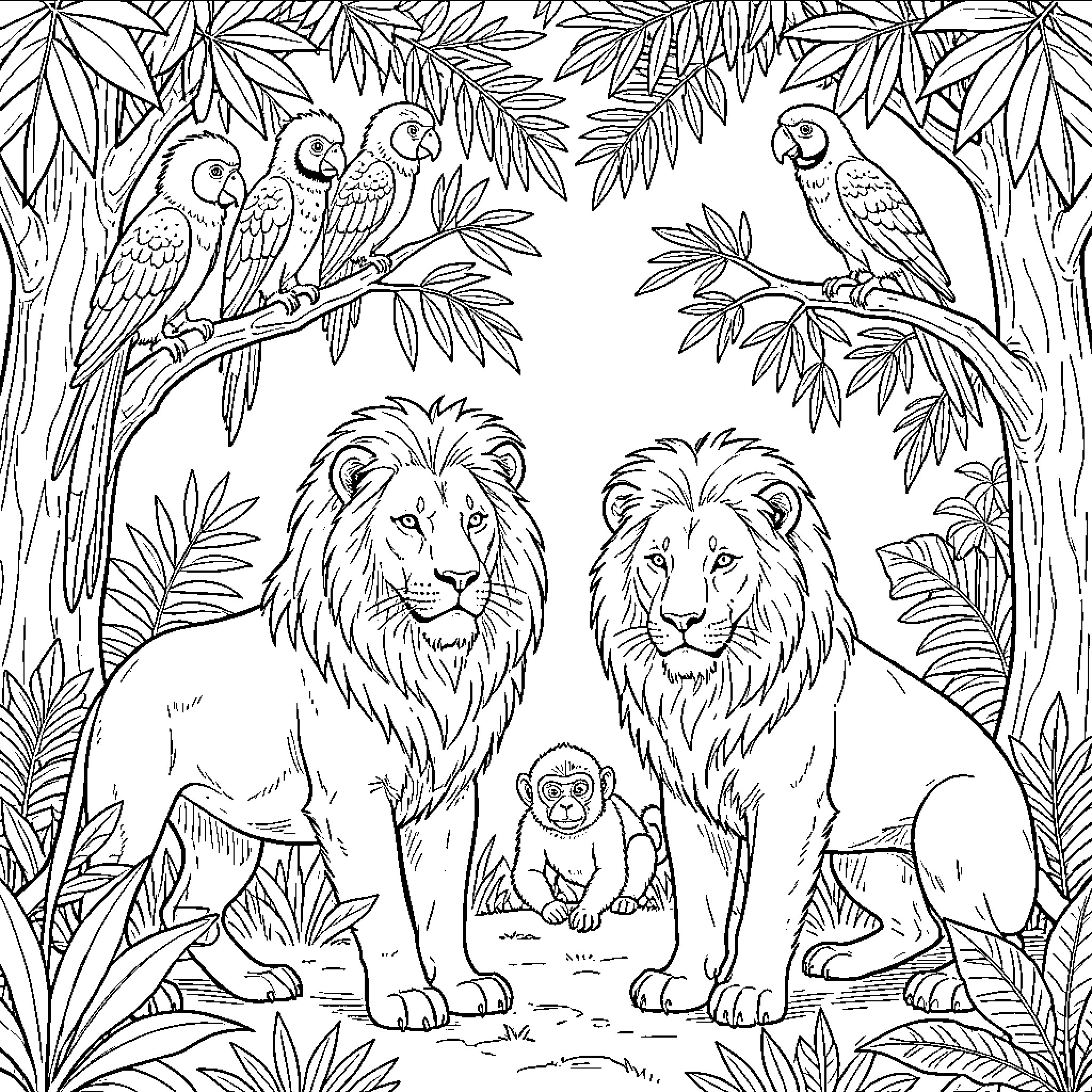 Jungle Animals in Lush Tropical Habitat Coloring Page (free black-and-white line drawing printable PDF for all, from beginners to advanced learners, including children, teens, adults, and seniors)