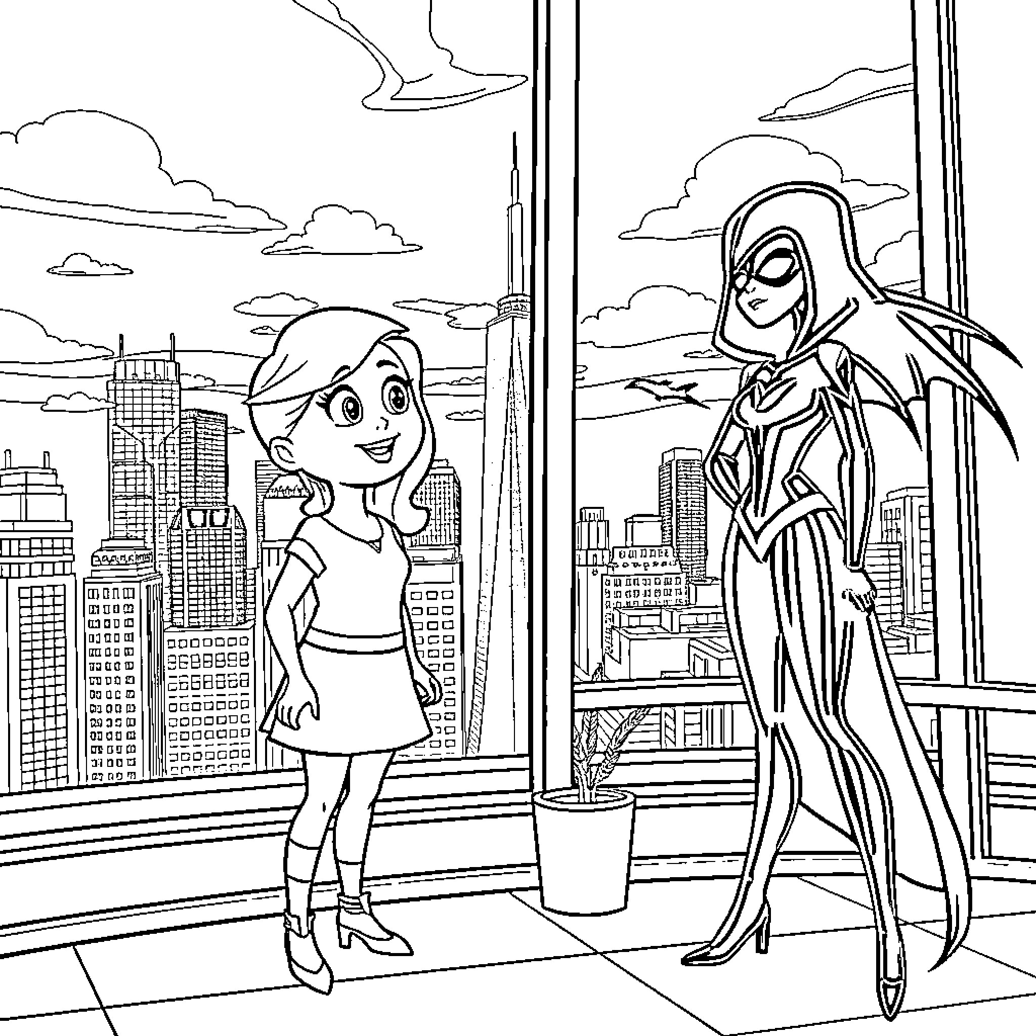 Kim Possible and the Mysterious Masked Companion Coloring Page (free black-and-white line drawing printable PDF for all, from beginners to advanced learners, including children, teens, adults, and seniors)