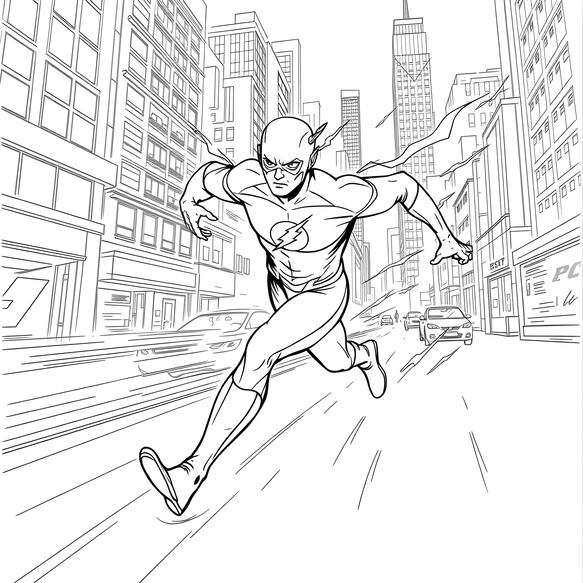 Flash sprinting through the bustling city Coloring Page (free black-and-white line drawing printable PDF for all, from beginners to advanced learners, including children, teens, adults, and seniors)