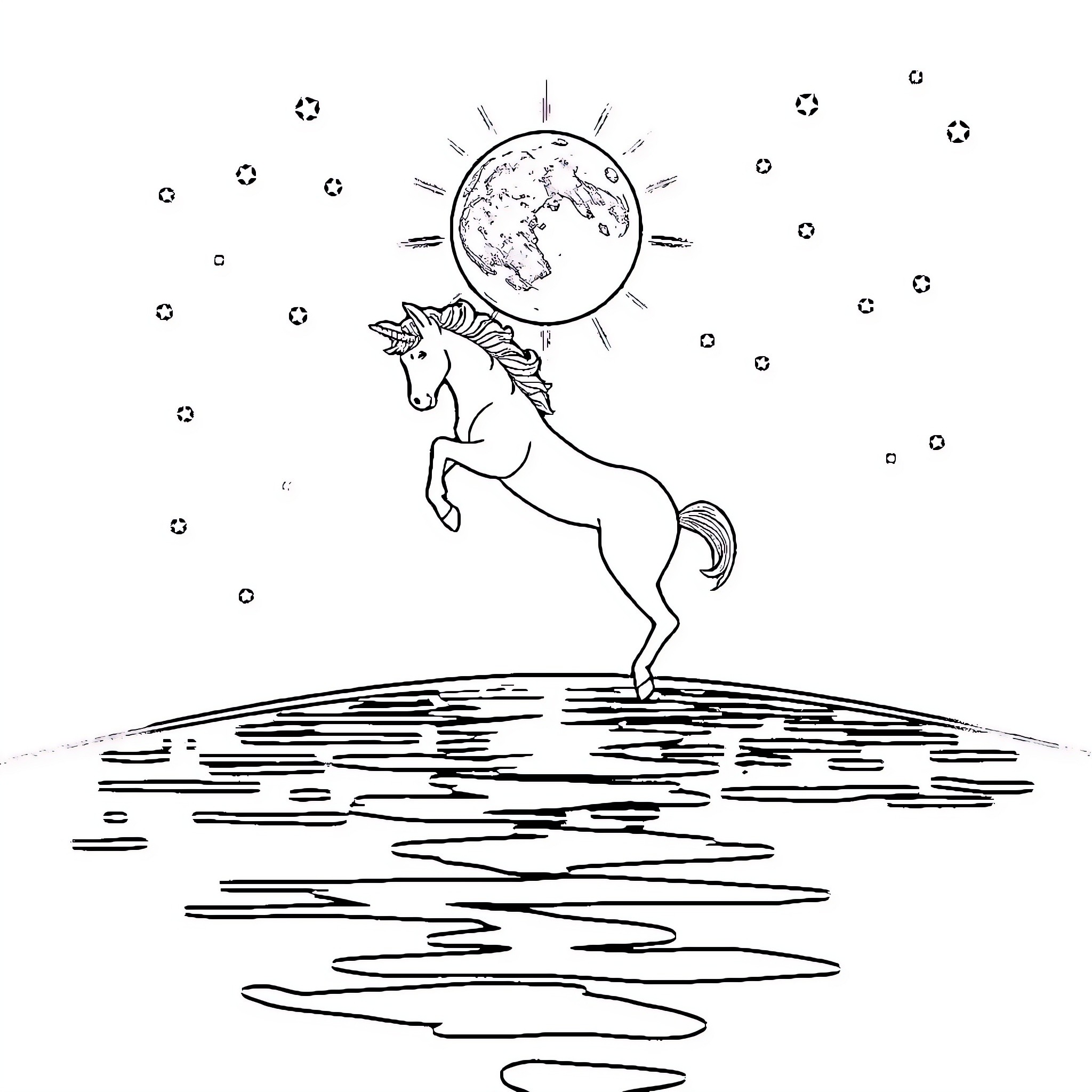 Unicorn Galloping Under Starry Night Sky Coloring Page (free black-and-white line drawing printable PDF for all, from beginners to advanced learners, including children, teens, adults, and seniors)