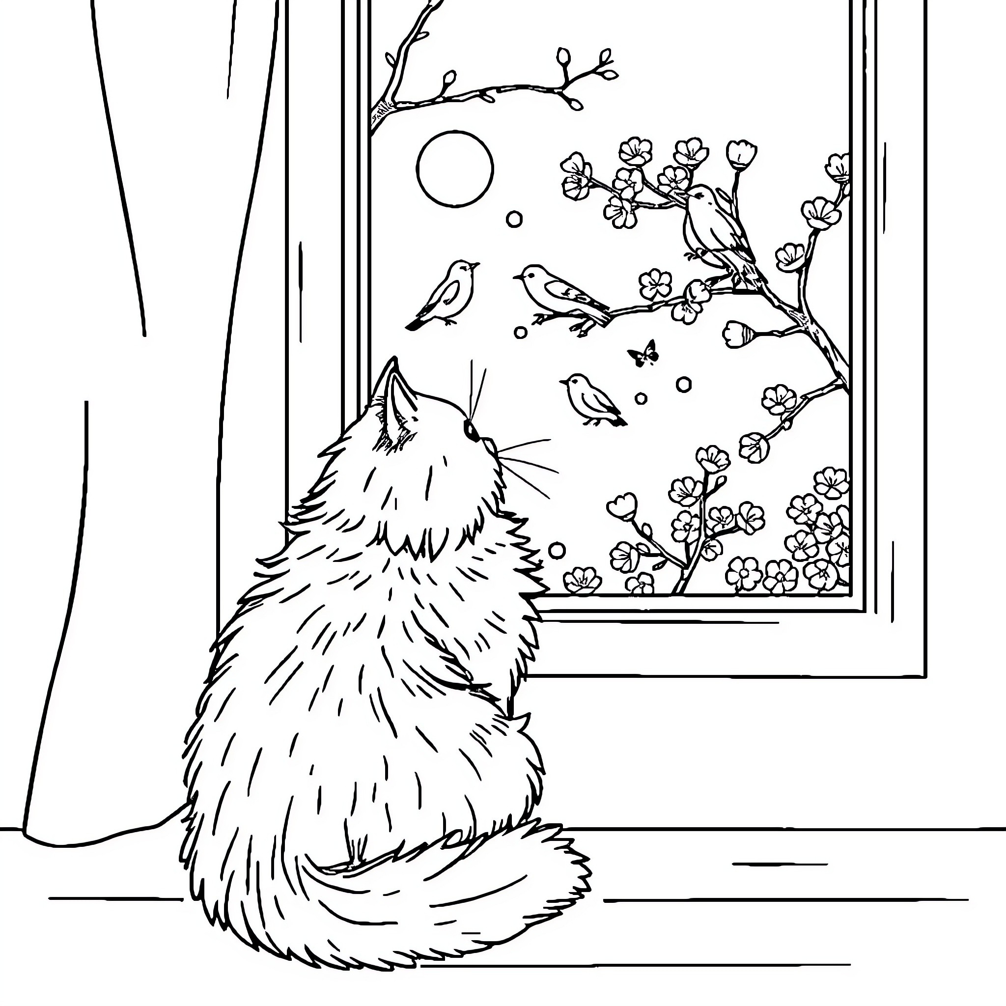 Cat gazing out the window at springtime scene Coloring Page (free black-and-white line drawing printable PDF for all, from beginners to advanced learners, including children, teens, adults, and seniors)