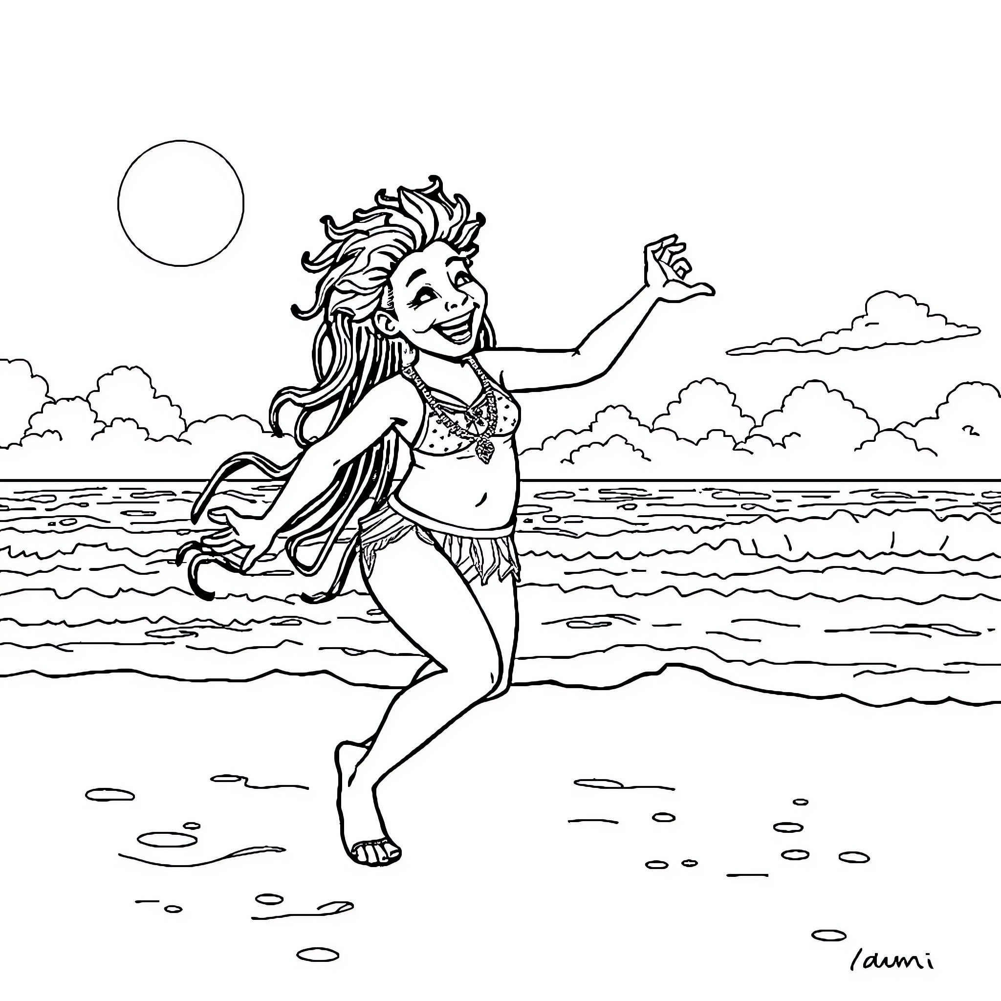 Labubu dances joyfully on the beach Coloring Page (free black-and-white line drawing printable PDF for all, from beginners to advanced learners, including children, teens, adults, and seniors)