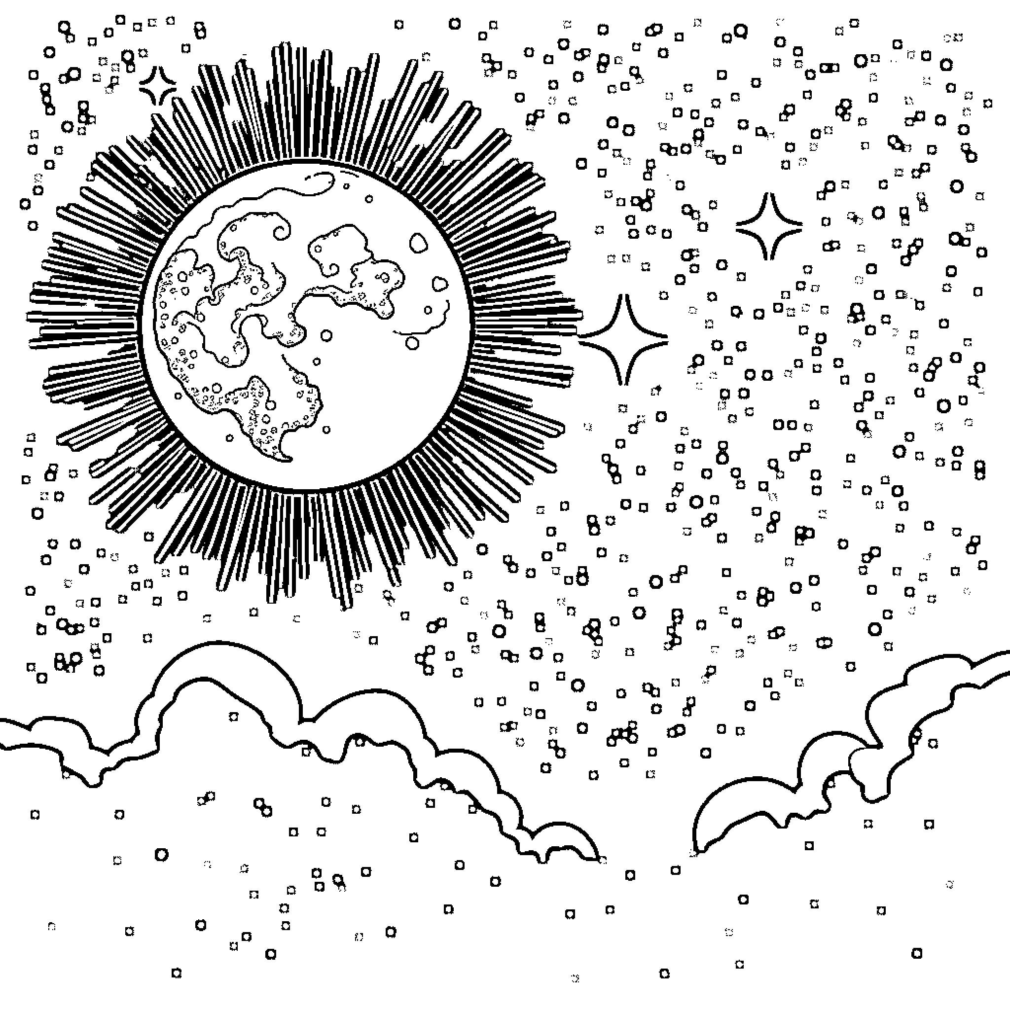 Moon shines over starry night landscape Coloring Page (free black-and-white line drawing printable PDF for all, from beginners to advanced learners, including children, teens, adults, and seniors)
