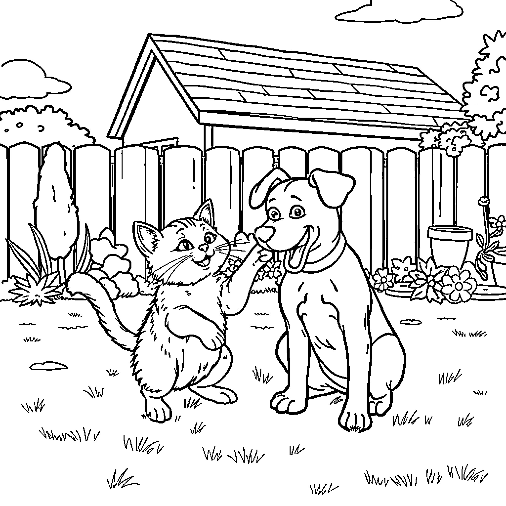Cat and dog in a backyard Coloring Page (free black-and-white line drawing printable PDF for all, from beginners to advanced learners, including children, teens, adults, and seniors)