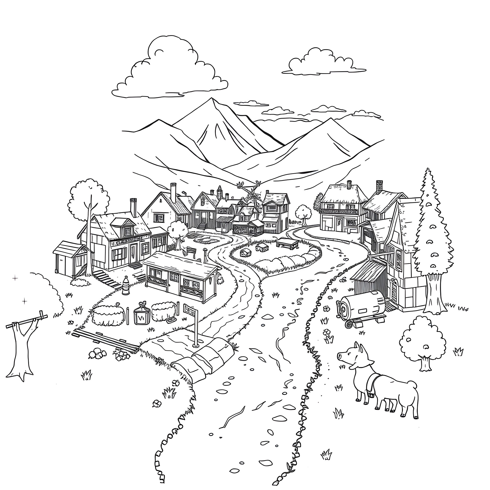 Villager's scenic mountain town with winding road Coloring Page (free black-and-white line drawing printable PDF for all, from beginners to advanced learners, including children, teens, adults, and seniors)