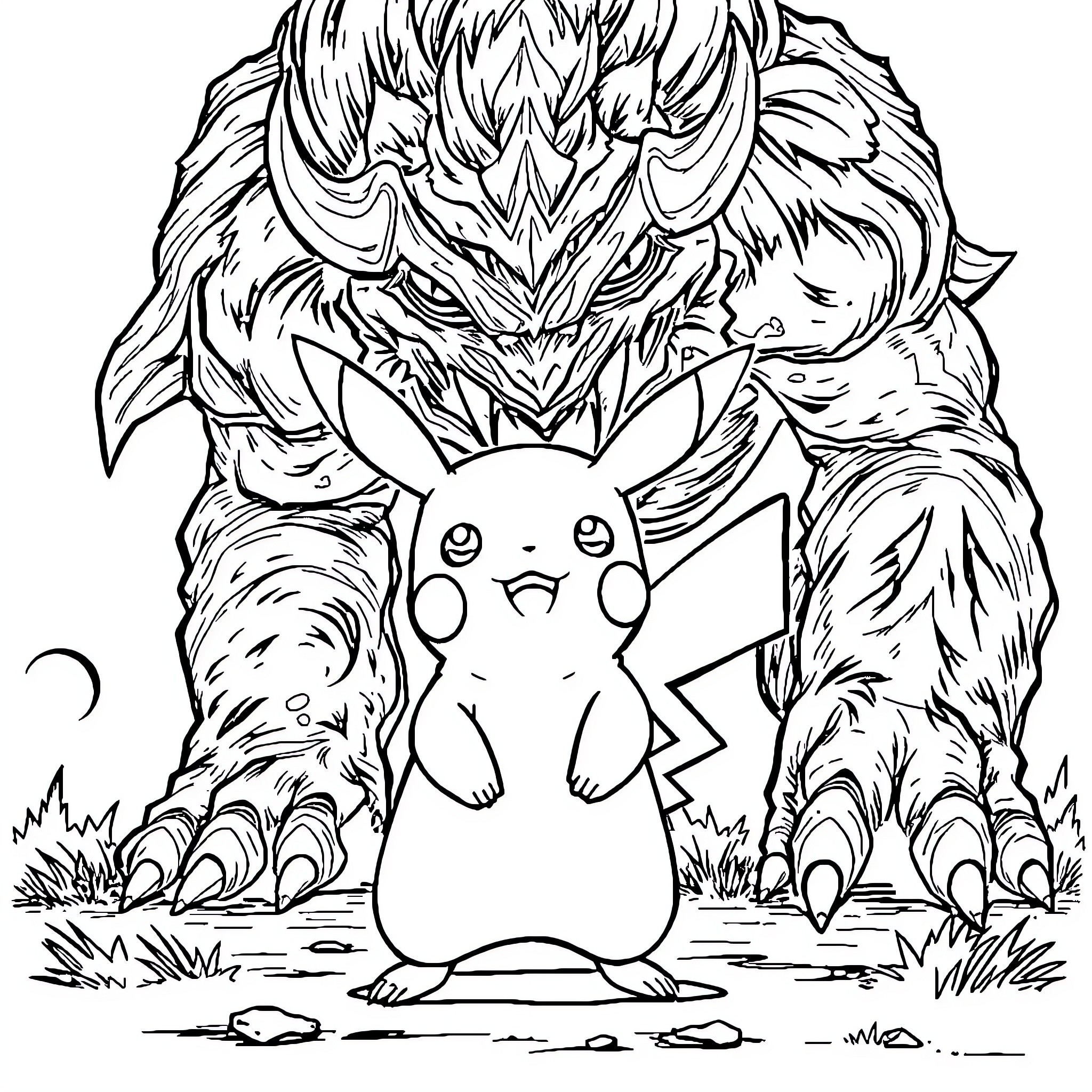 Pikachu faces a fearsome beast in the wilderness Coloring Page (free black-and-white line drawing printable PDF for all, from beginners to advanced learners, including children, teens, adults, and seniors)