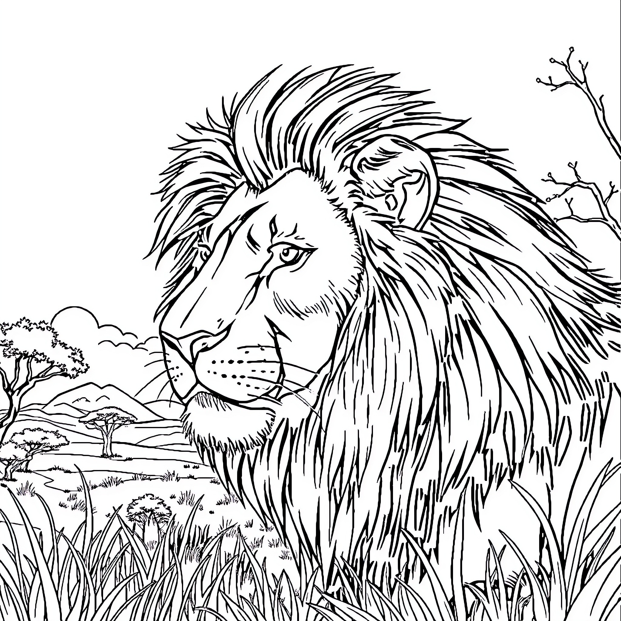 Lion roaring fiercely in the African savanna Coloring Page (free black-and-white line drawing printable PDF for all, from beginners to advanced learners, including children, teens, adults, and seniors)