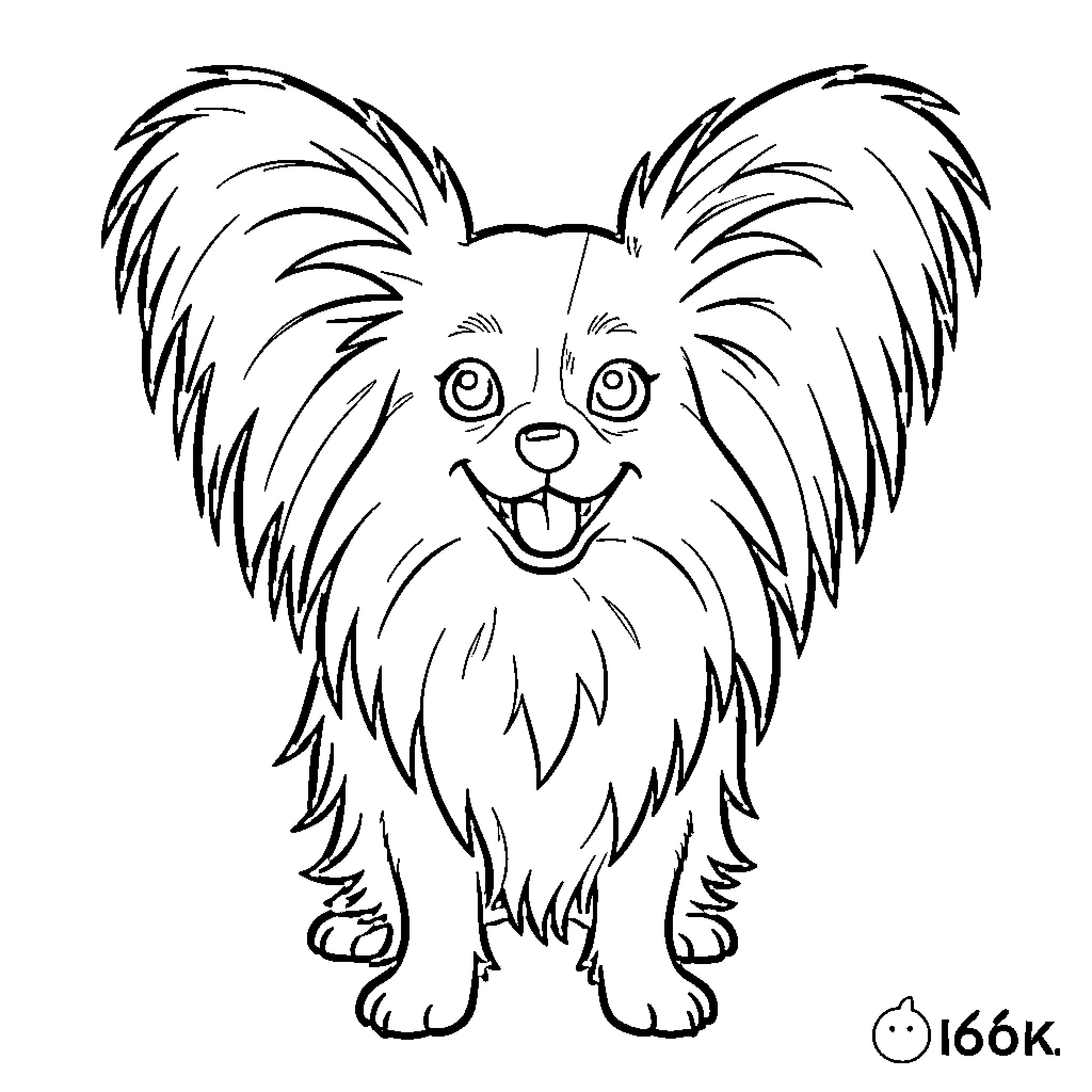 Papillon dog sitting and smiling happily Coloring Page (free black-and-white line drawing printable PDF for all, from beginners to advanced learners, including children, teens, adults, and seniors)