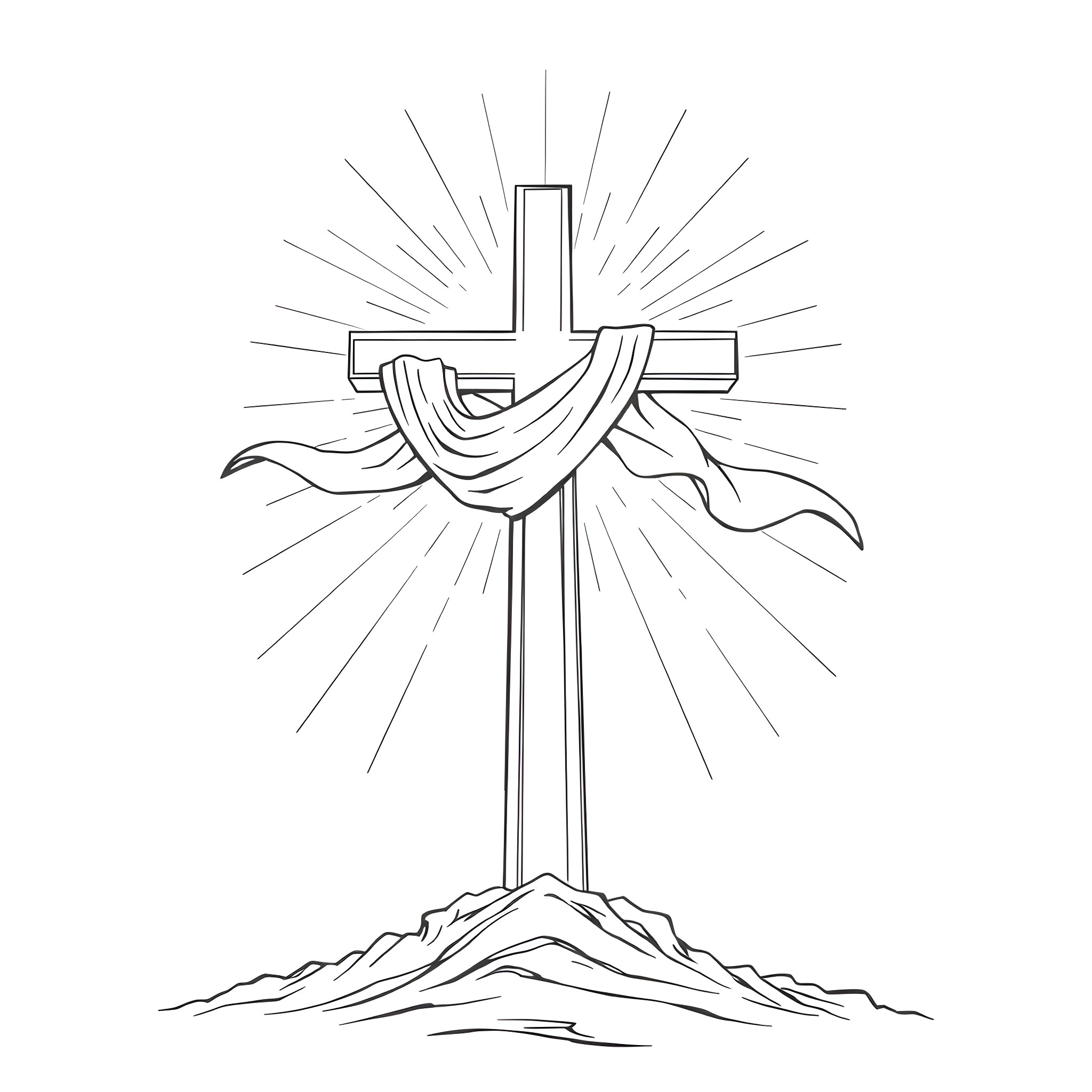Cross of Christ with Shroud and Radiant Light Coloring Page (free black-and-white line drawing printable PDF for all, from beginners to advanced learners, including children, teens, adults, and seniors)