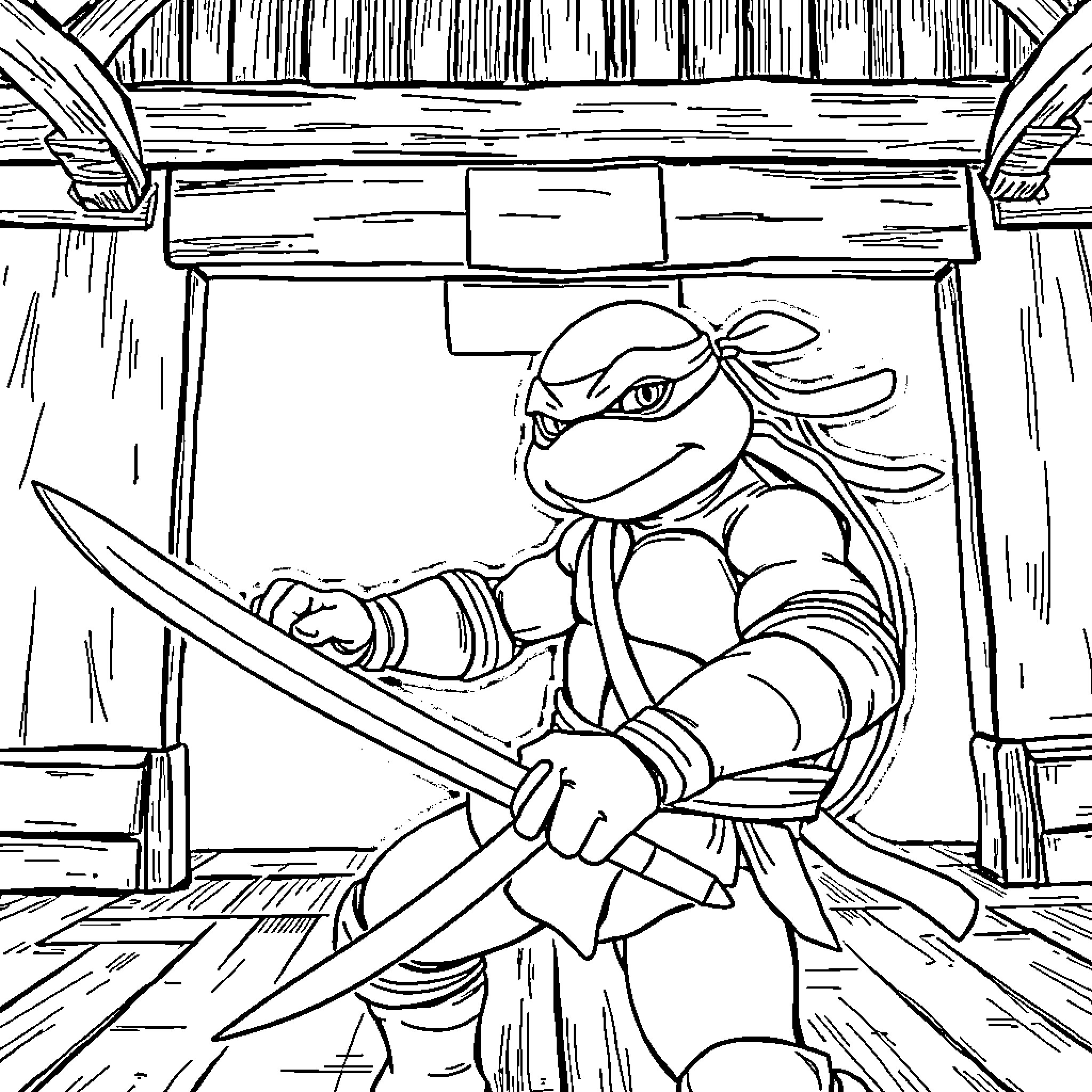 Ninja Turtle wielding a sword in an action pose Coloring Page (free black-and-white line drawing printable PDF for all, from beginners to advanced learners, including children, teens, adults, and seniors)
