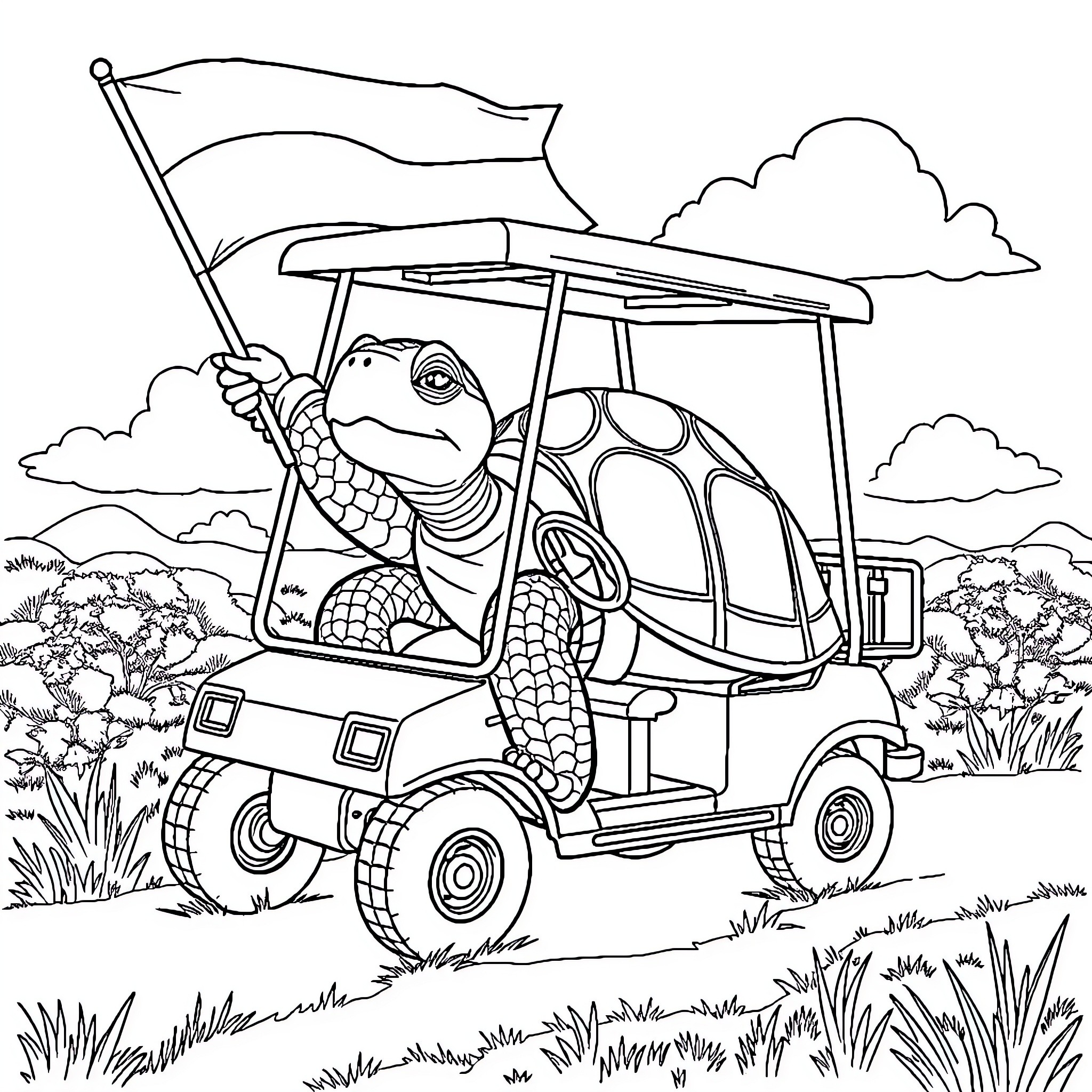 Tortoise driving golf cart on scenic course Coloring Page (free black-and-white line drawing printable PDF for all, from beginners to advanced learners, including children, teens, adults, and seniors)