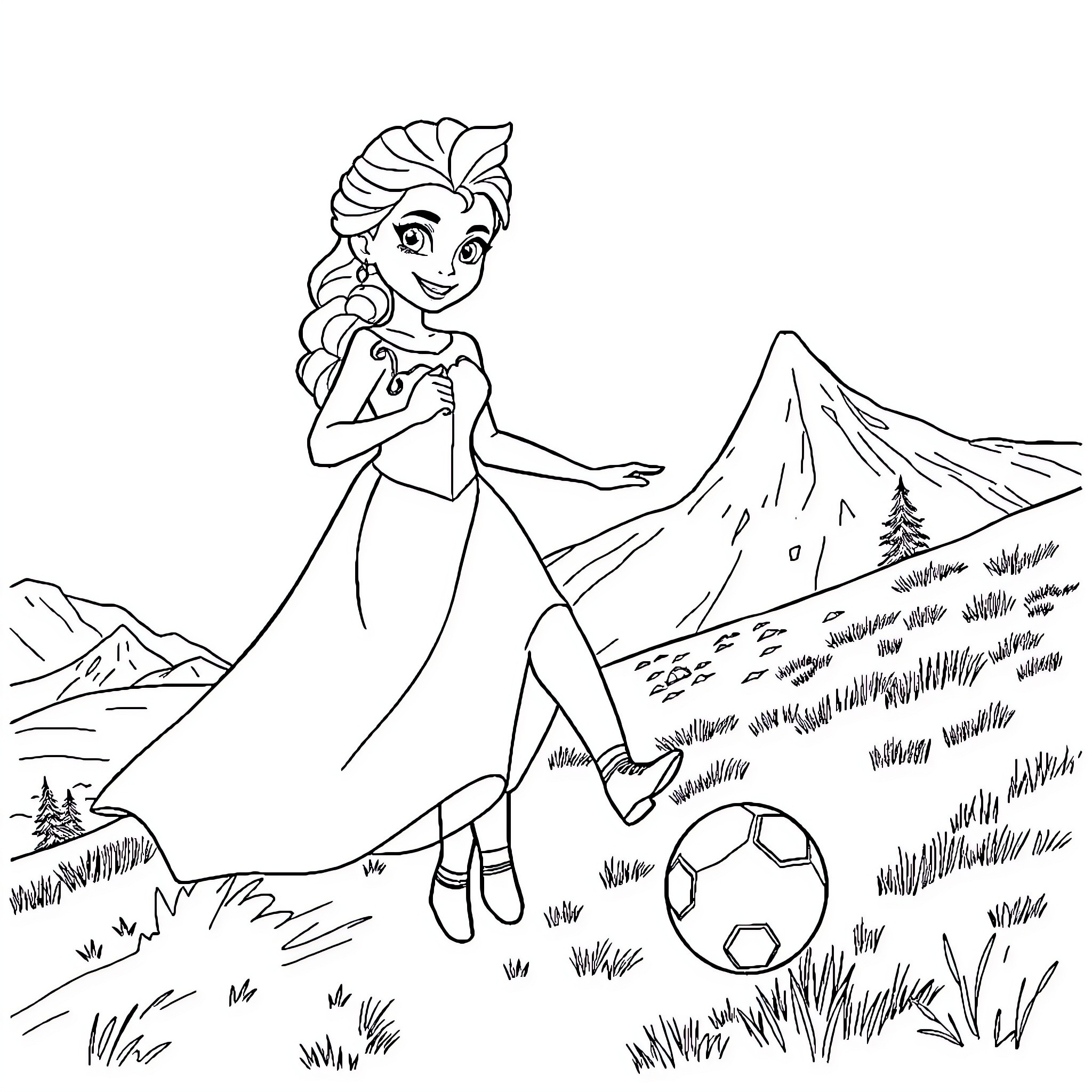 Elsa playing with a soccer ball in a mountainous landscape Coloring Page (free black-and-white line drawing printable PDF for all, from beginners to advanced learners, including children, teens, adults, and seniors)