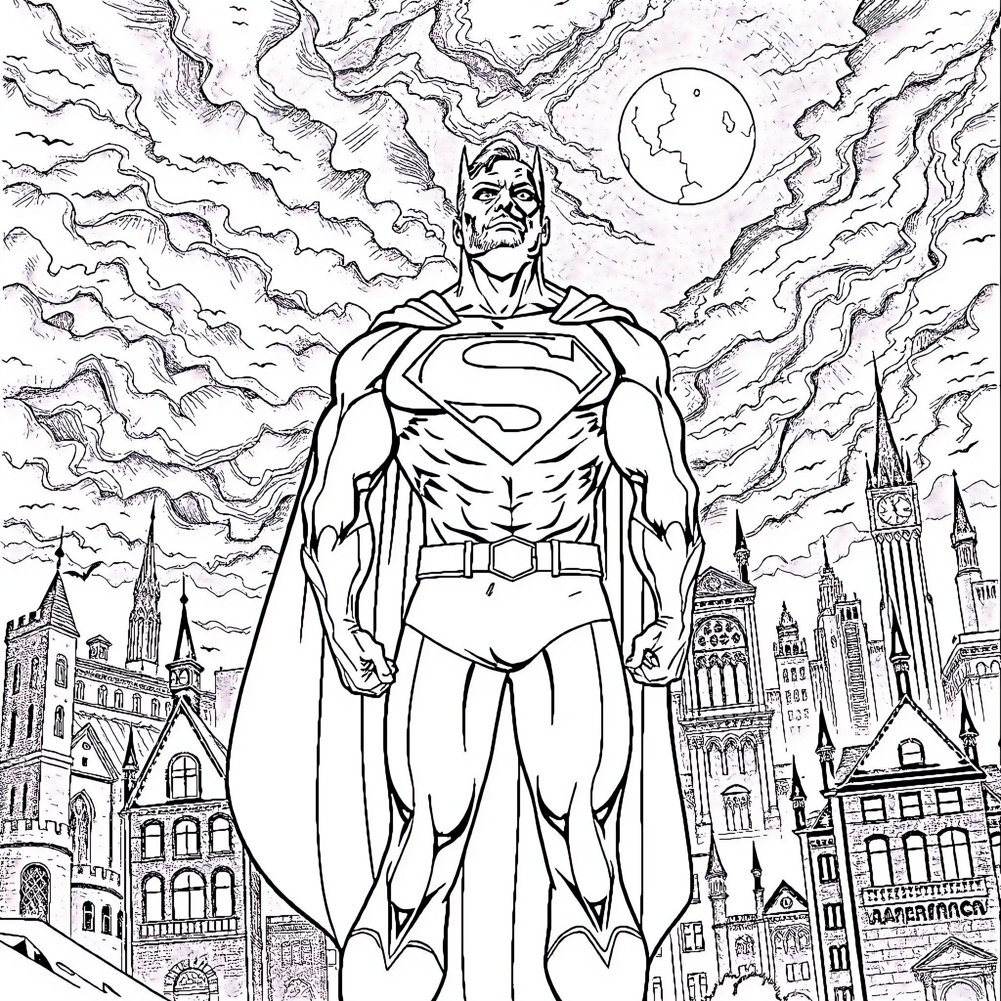 Superman heroically stands above cityscape Coloring Page (free black-and-white line drawing printable PDF for all, from beginners to advanced learners, including children, teens, adults, and seniors)