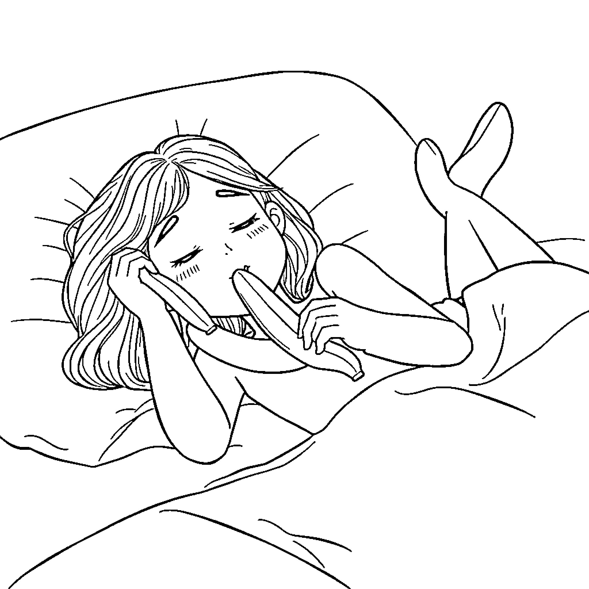 Girl resting peacefully in serene nature Coloring Page (free black-and-white line drawing printable PDF for all, from beginners to advanced learners, including children, teens, adults, and seniors)