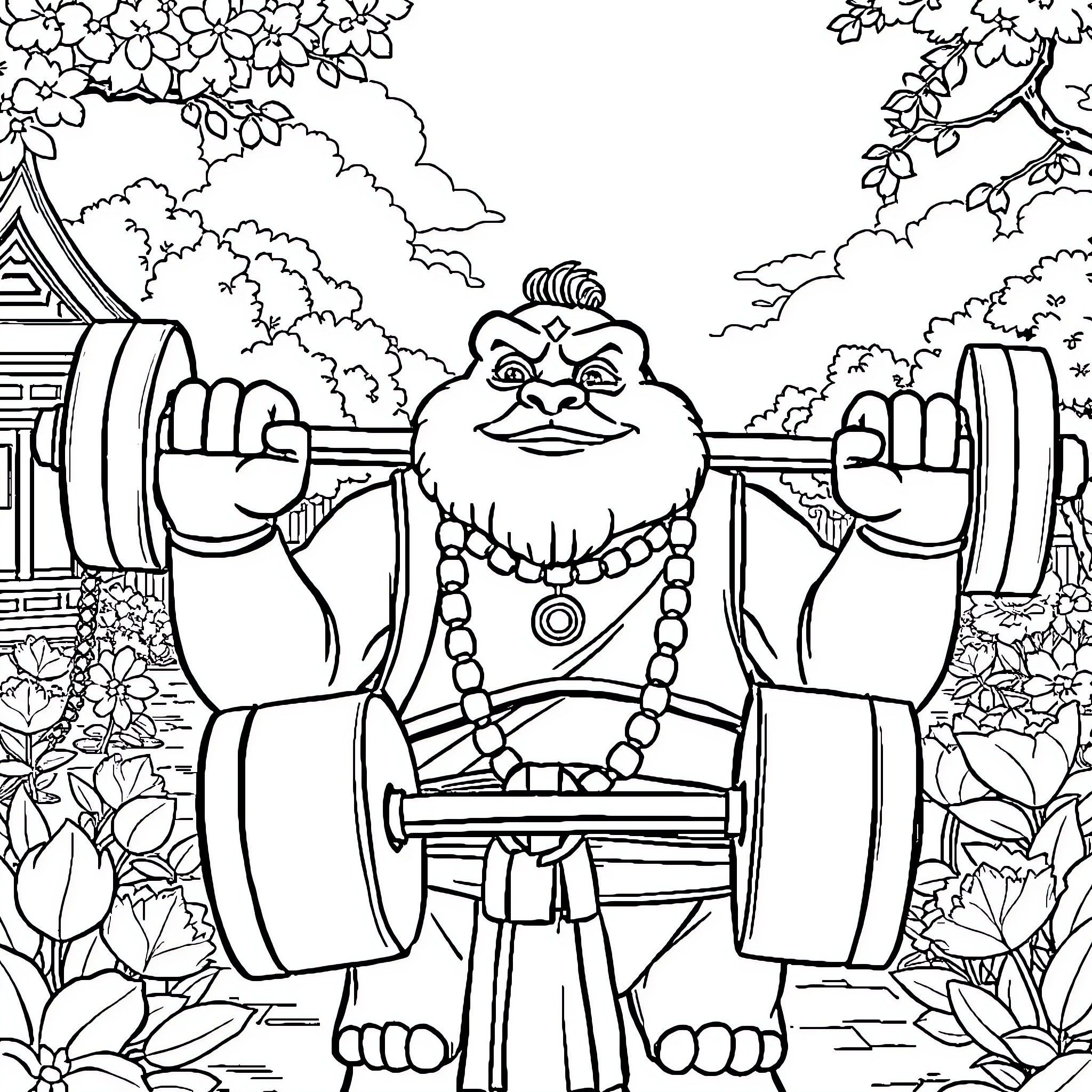 Master Oogway Lifting Weights in Serene Garden Coloring Page (free black-and-white line drawing printable PDF for all, from beginners to advanced learners, including children, teens, adults, and seniors)