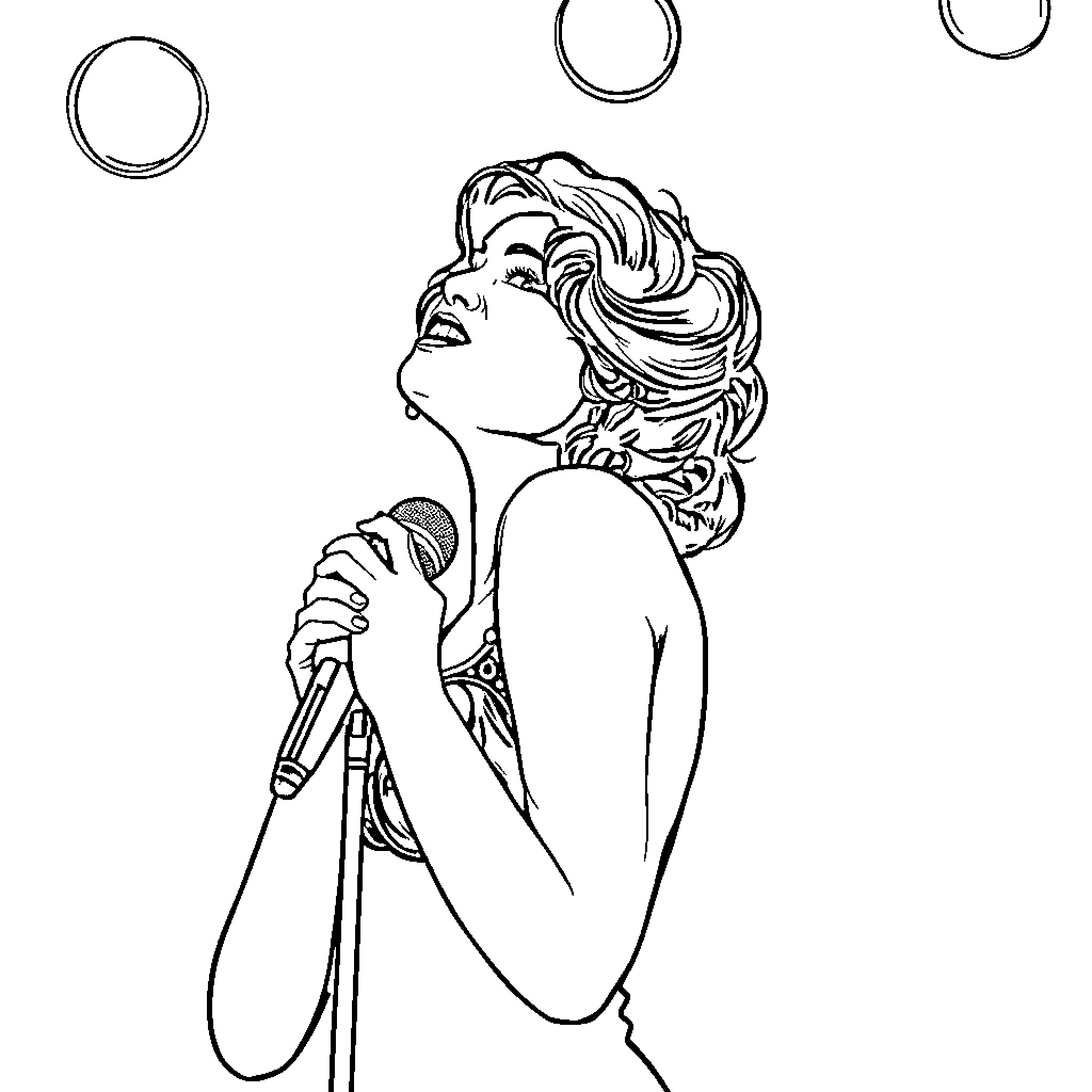 Selena singing passionately on stage Coloring Page (free black-and-white line drawing printable PDF for all, from beginners to advanced learners, including children, teens, adults, and seniors)