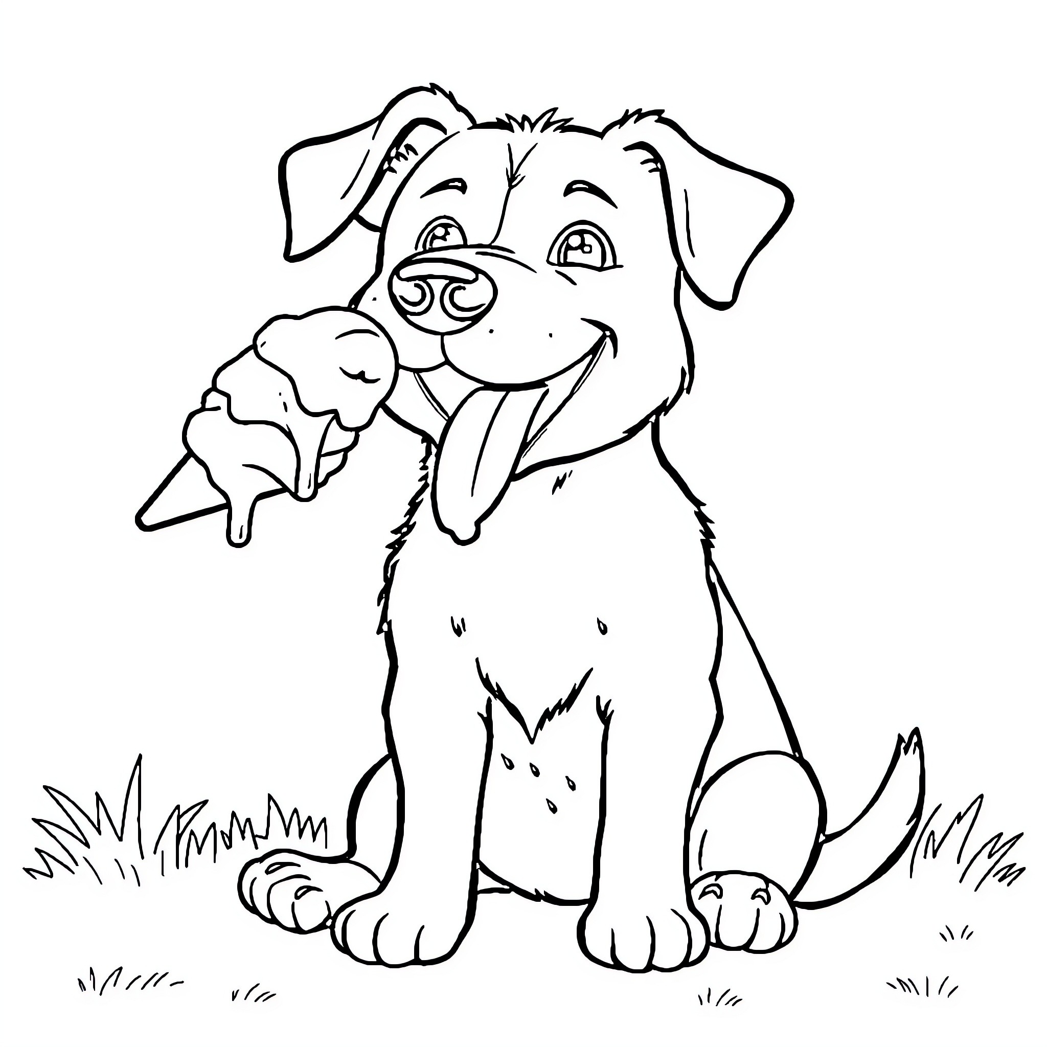 Dog happily holding an ice cream cone Coloring Page (free black-and-white line drawing printable PDF for all, from beginners to advanced learners, including children, teens, adults, and seniors)