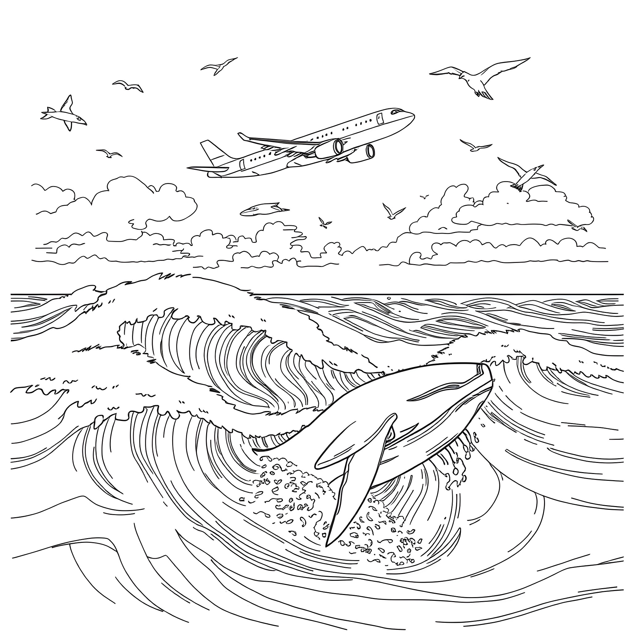 Airplane flying over stormy ocean with dolphins Coloring Page (free black-and-white line drawing printable PDF for all, from beginners to advanced learners, including children, teens, adults, and seniors)