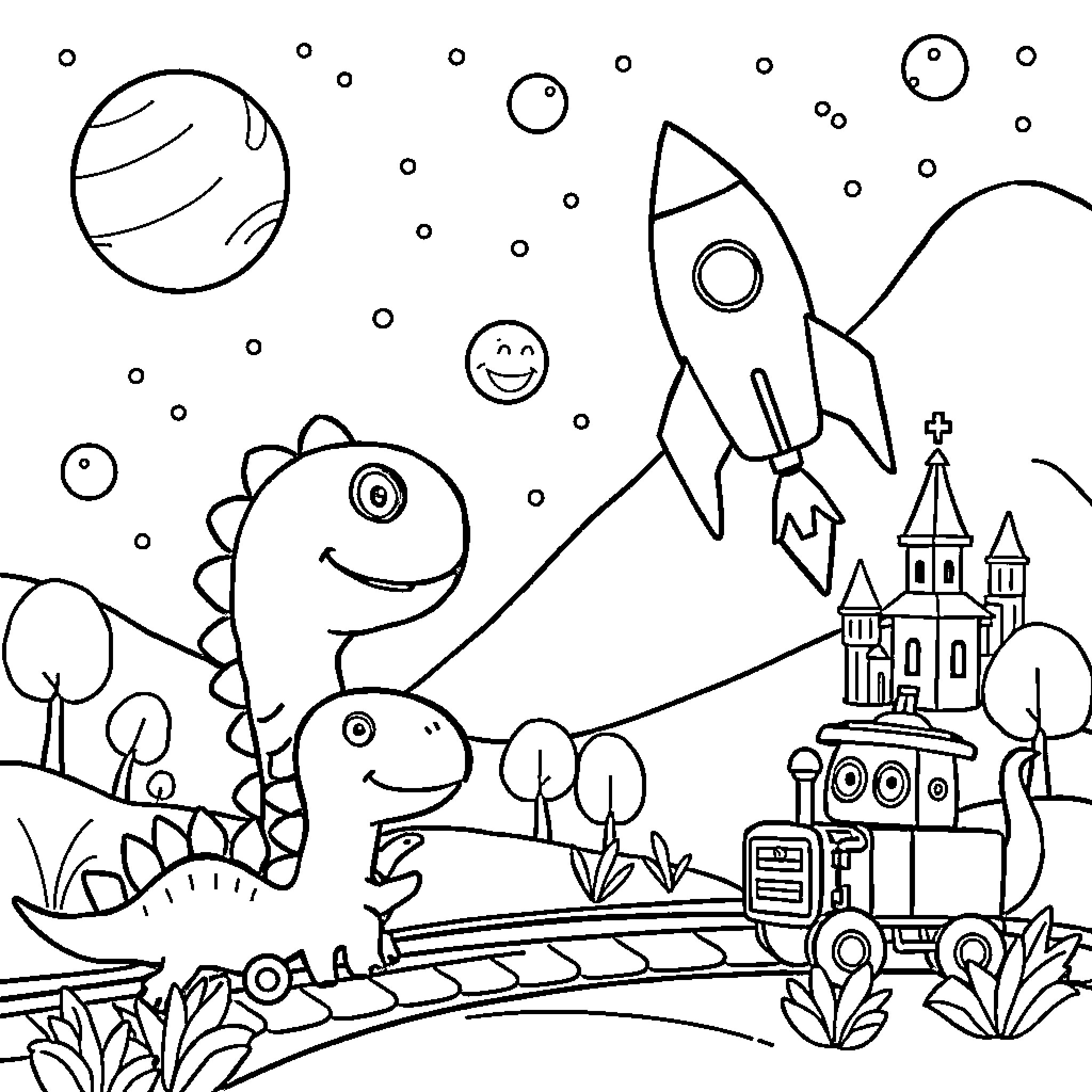 Children's Playful Dinosaurs and Rocket Adventure Coloring Page (free black-and-white line drawing printable PDF for all, from beginners to advanced learners, including children, teens, adults, and seniors)