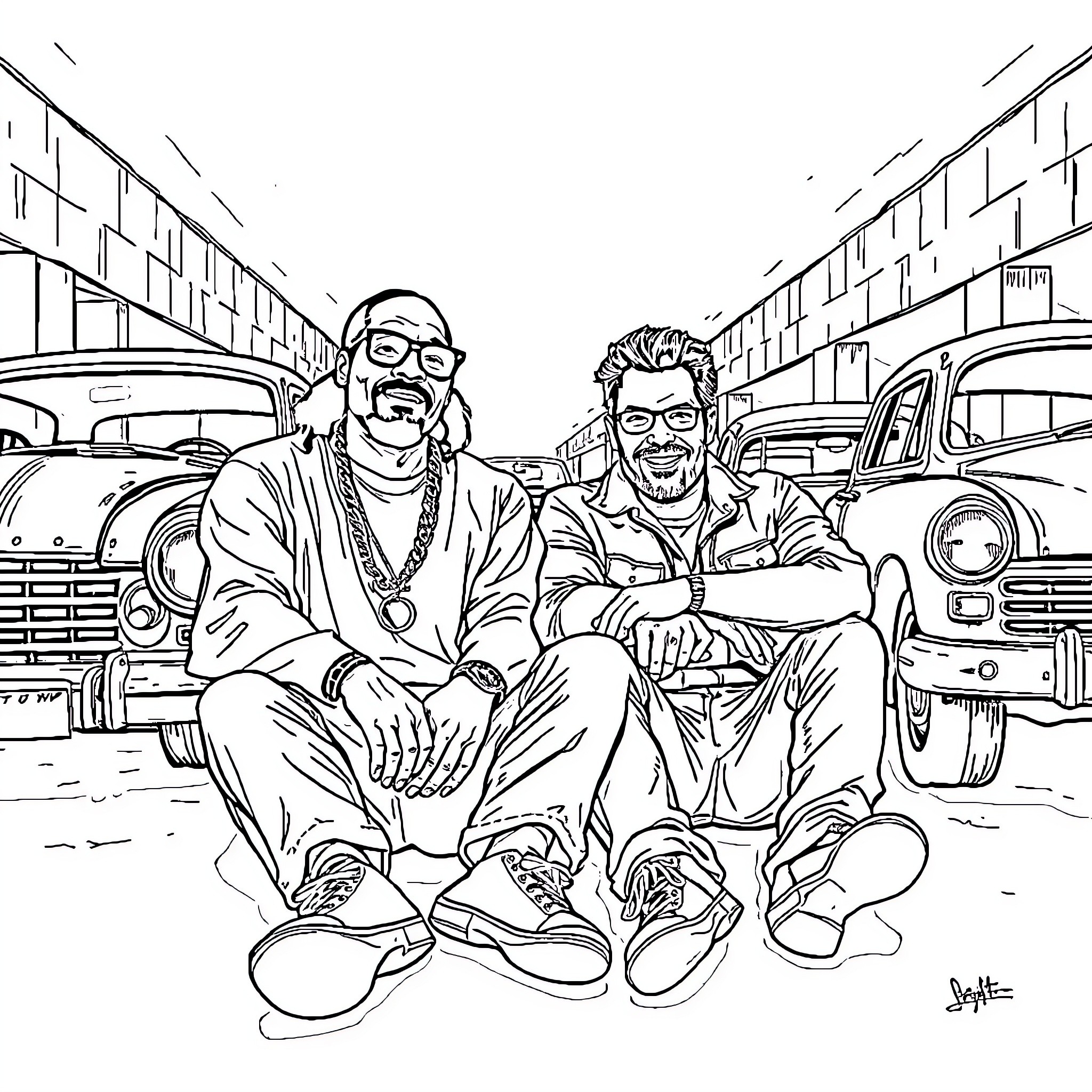 Snoop Dog and friend relaxing in junkyard setting Coloring Page (free black-and-white line drawing printable PDF for all, from beginners to advanced learners, including children, teens, adults, and seniors)
