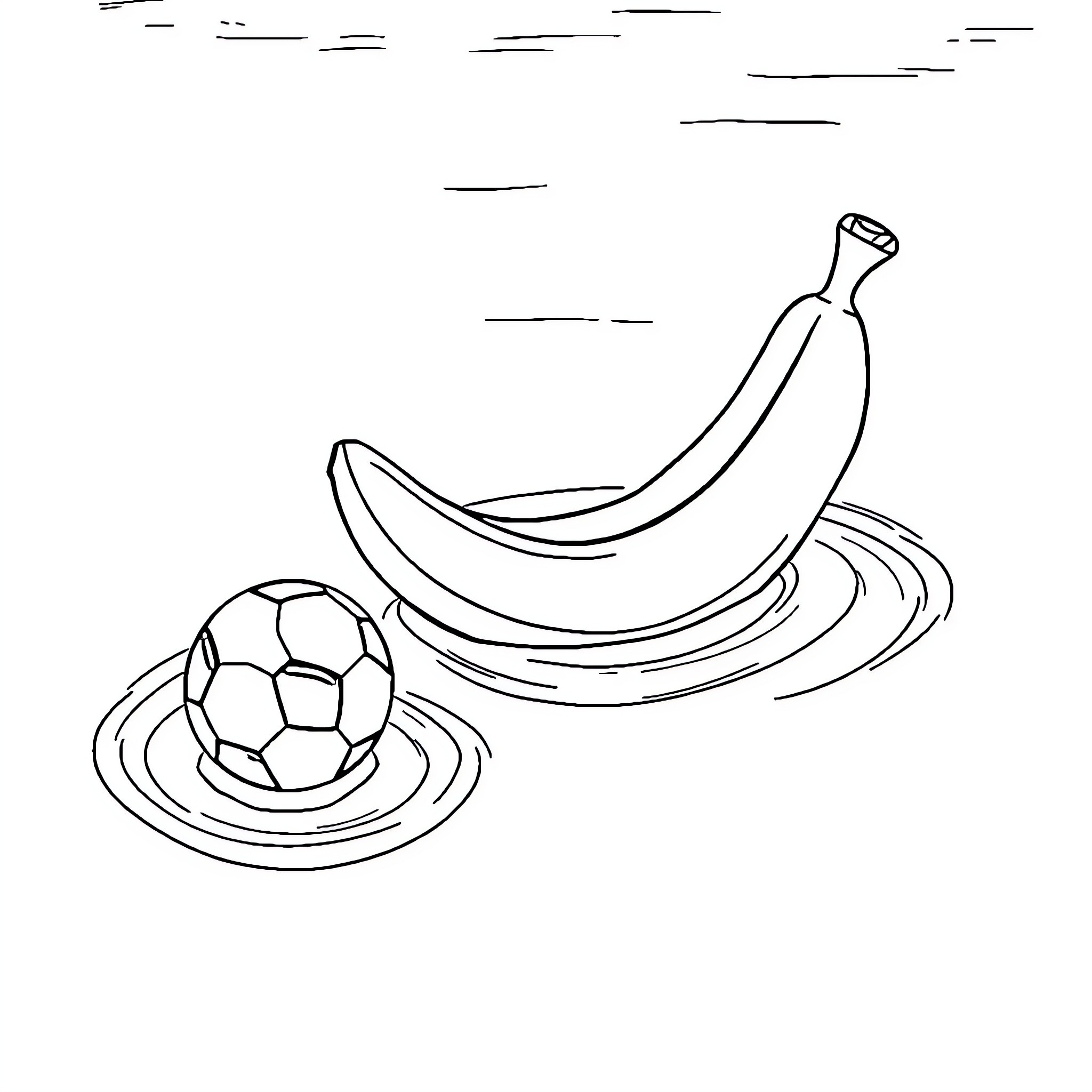 Banana kicking a soccer ball Coloring Page (free black-and-white line drawing printable PDF for all, from beginners to advanced learners, including children, teens, adults, and seniors)