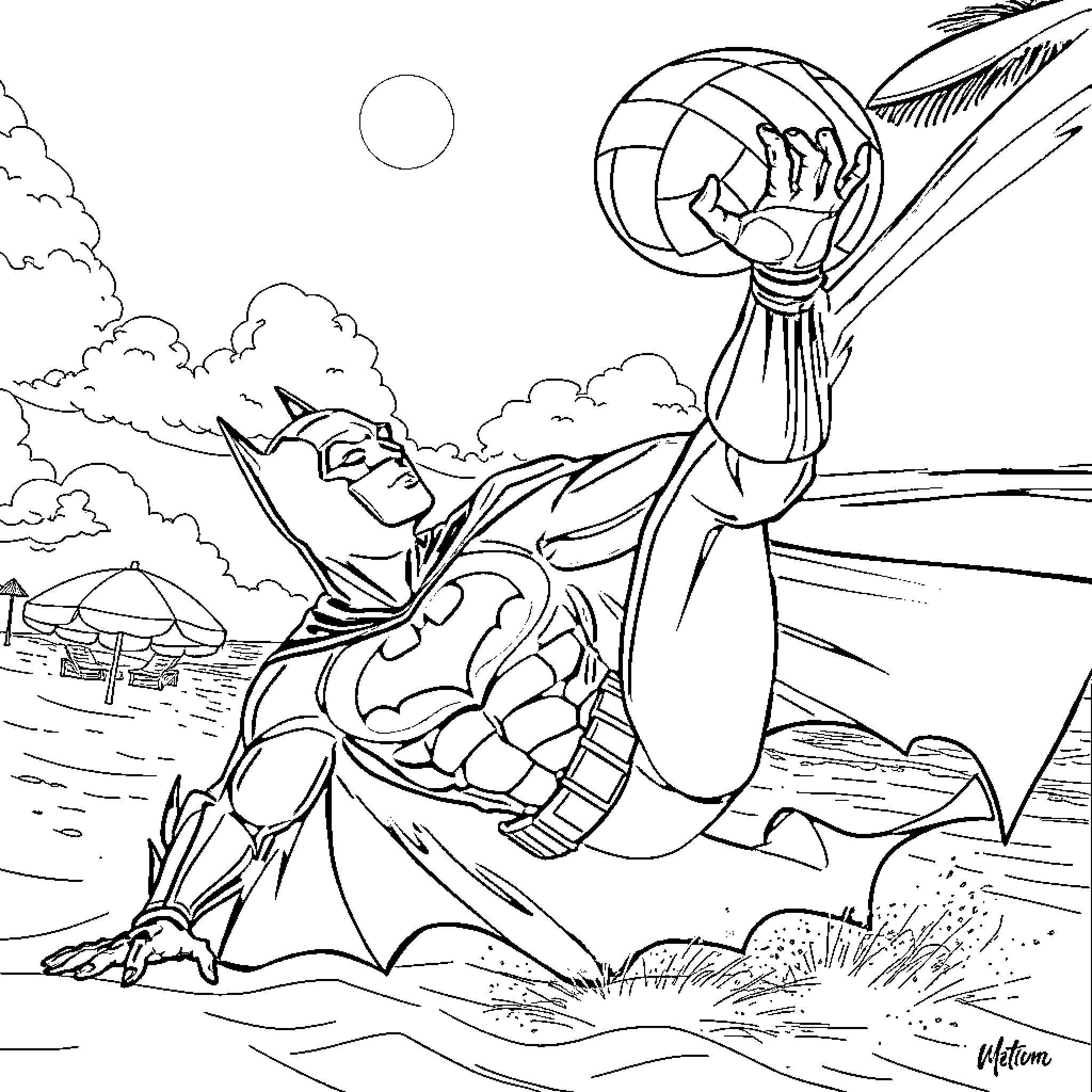 Batman heroically leaps into action on the beach Coloring Page (free black-and-white line drawing printable PDF for all, from beginners to advanced learners, including children, teens, adults, and seniors)
