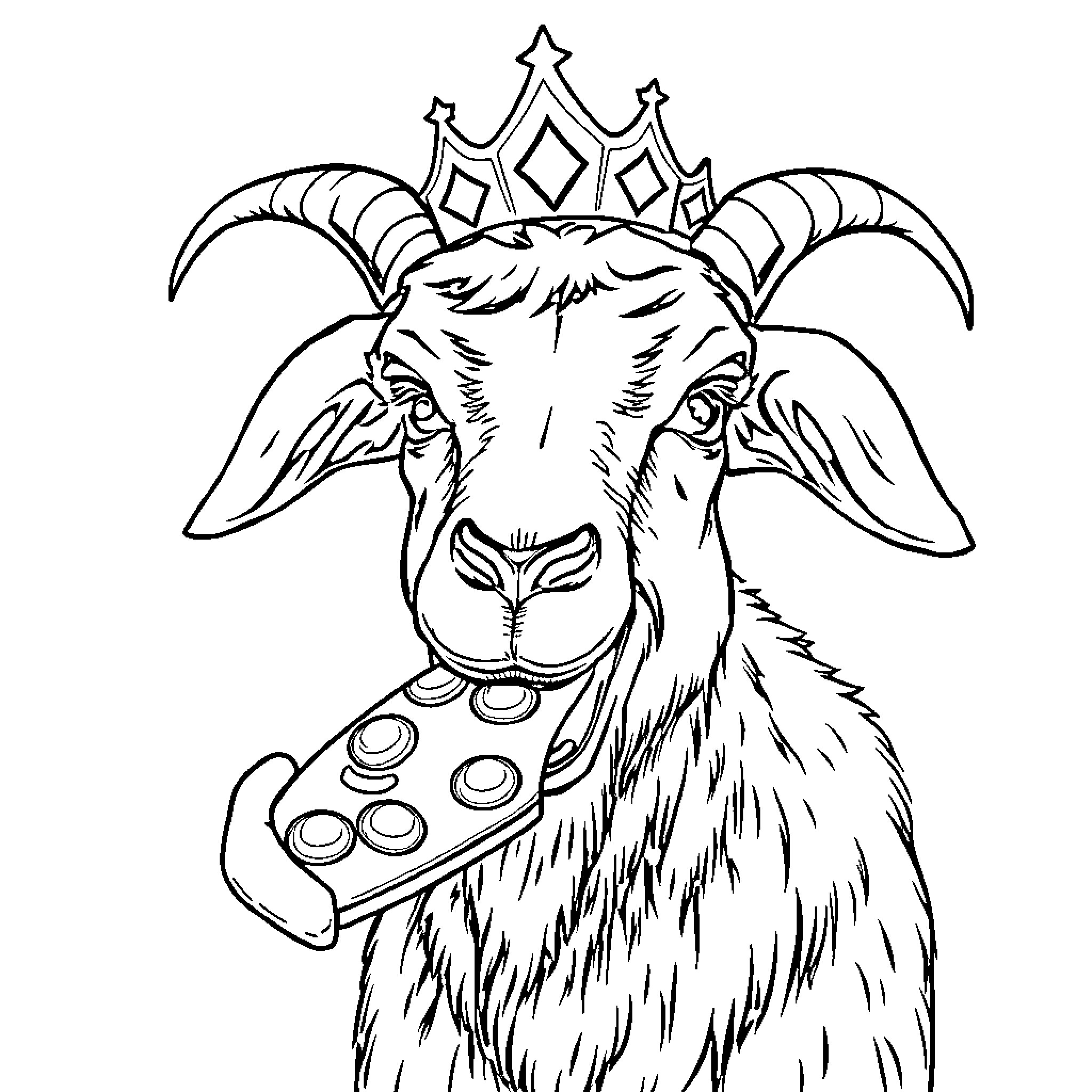 Goat wearing a majestic crown Coloring Page (free black-and-white line drawing printable PDF for all, from beginners to advanced learners, including children, teens, adults, and seniors)