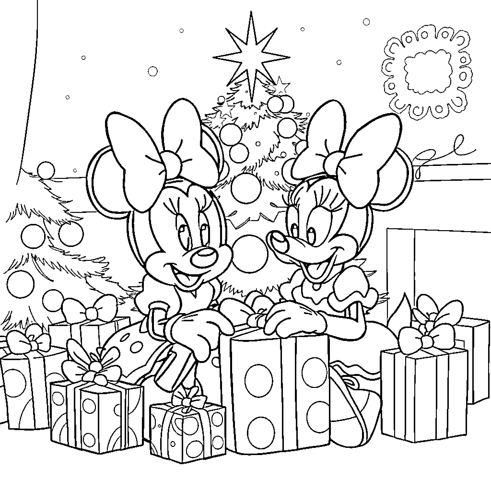 Minnie Mouse and friends celebrate Christmas with gifts and decorations Coloring Page (free black-and-white line drawing printable PDF for all, from beginners to advanced learners, including children, teens, adults, and seniors)