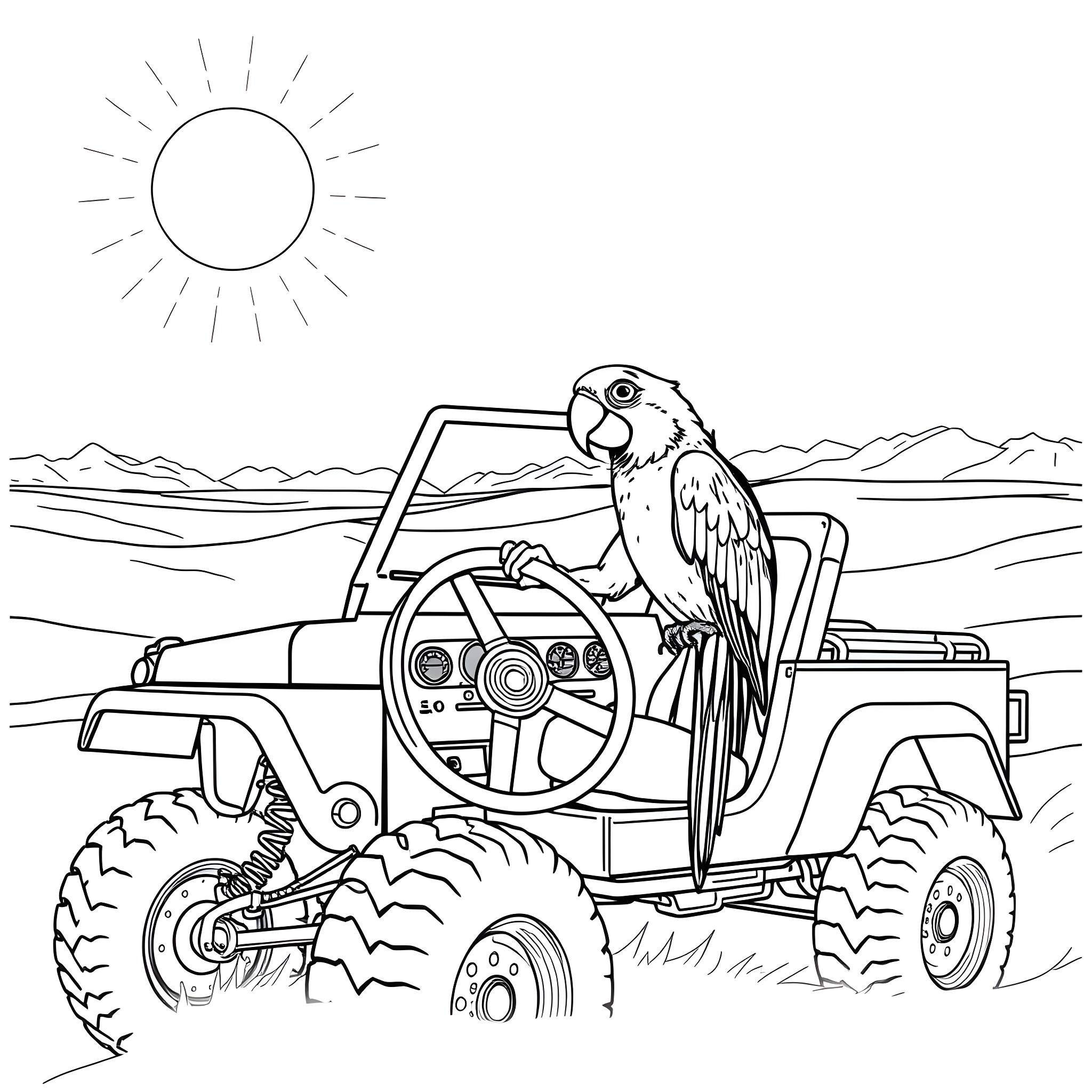 Parrot riding a rugged off-road vehicle in the desert Coloring Page (free black-and-white line drawing printable PDF for all, from beginners to advanced learners, including children, teens, adults, and seniors)