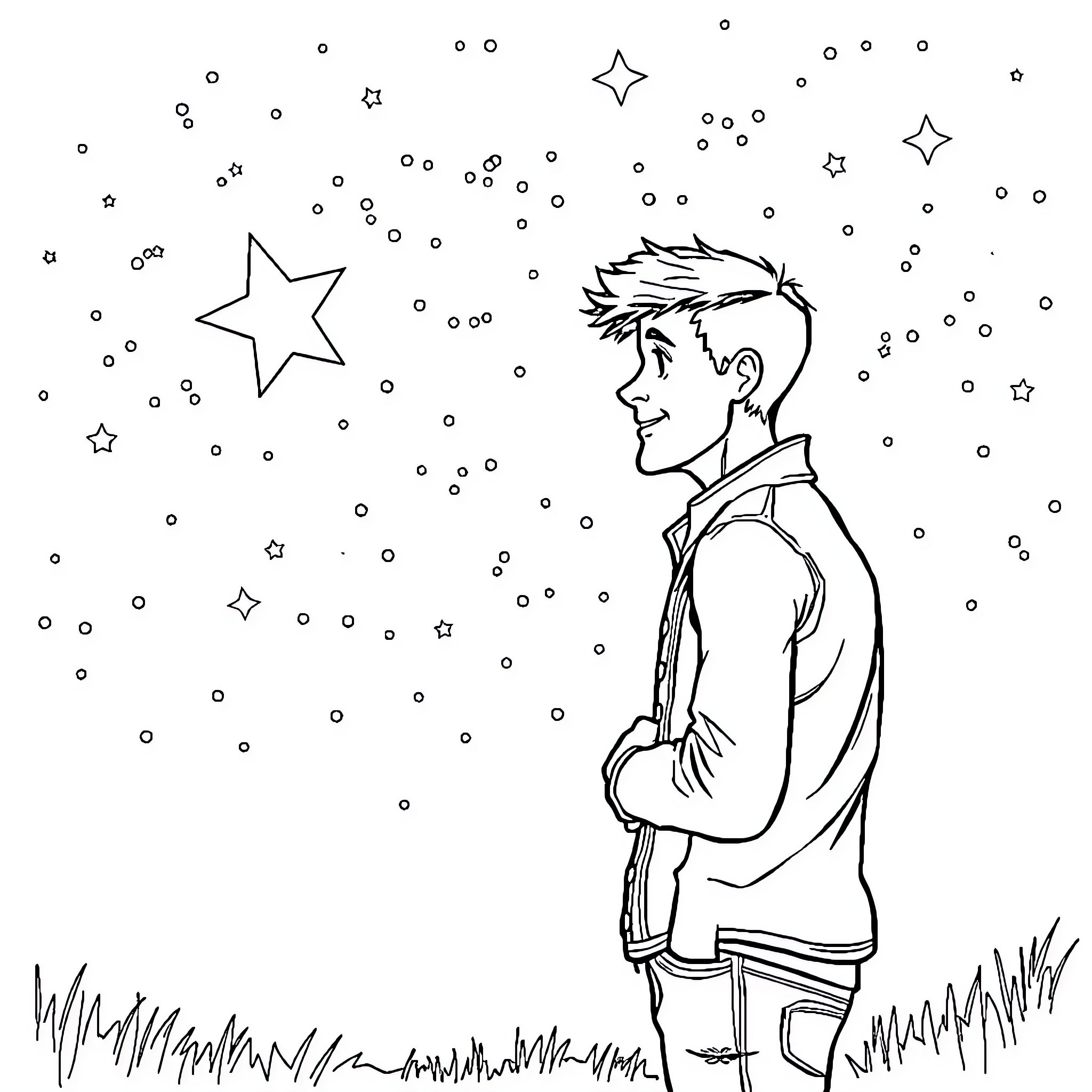 Nick Carter's Starry Night Dreamscape Coloring Page (free black-and-white line drawing printable PDF for all, from beginners to advanced learners, including children, teens, adults, and seniors)