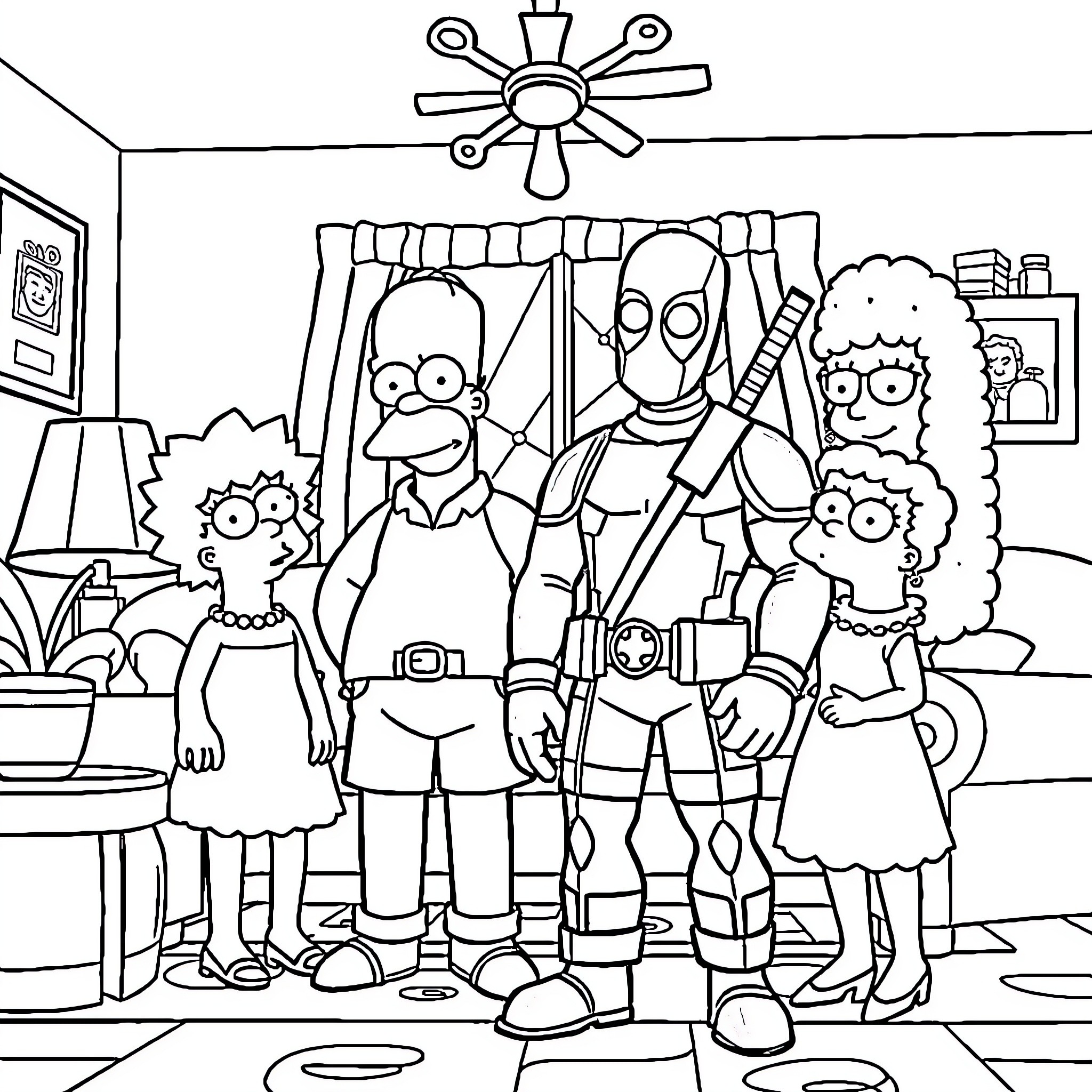 Deadpool and his wacky family in their living room Coloring Page (free black-and-white line drawing printable PDF for all, from beginners to advanced learners, including children, teens, adults, and seniors)