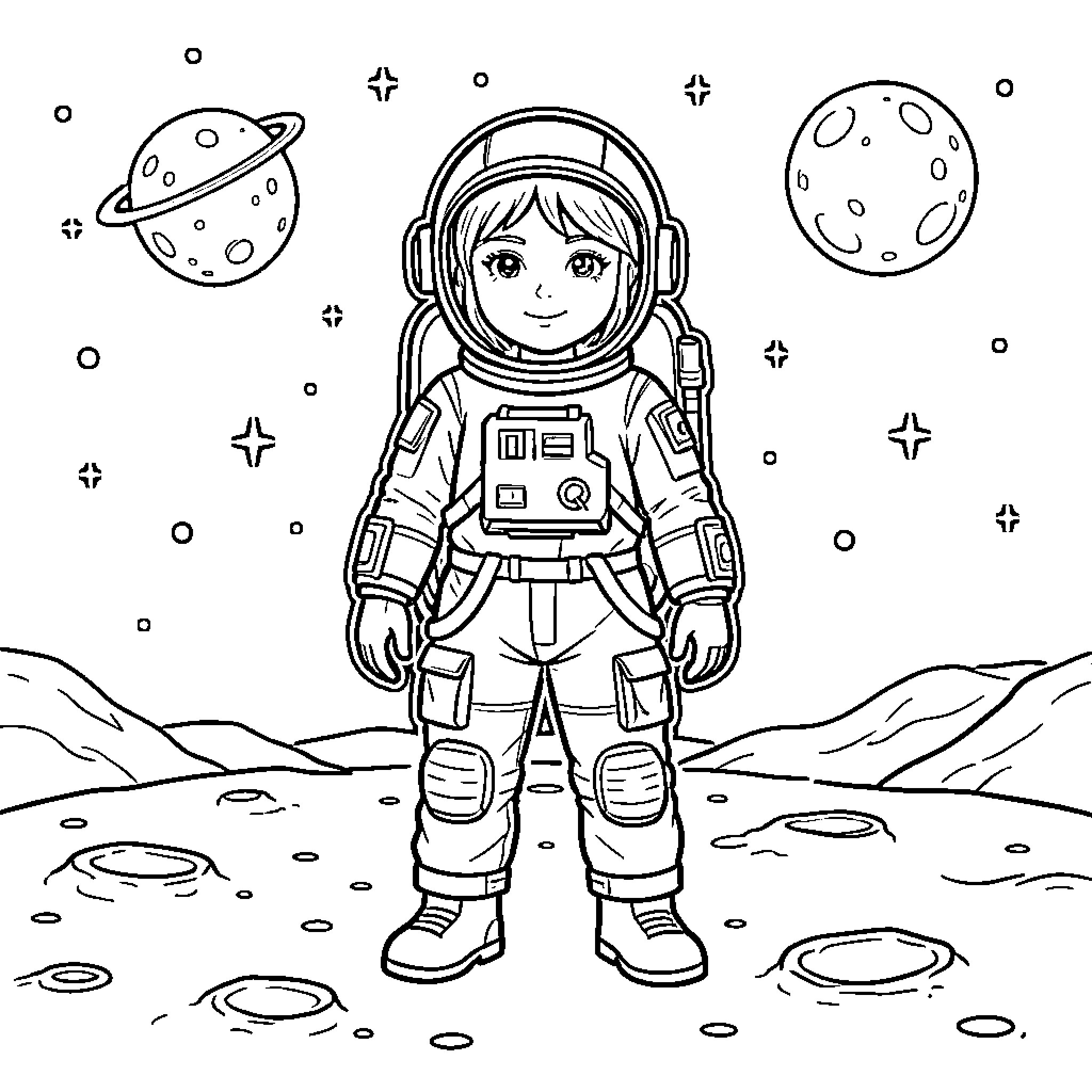 Astronaut standing smiling on a lunar surface Coloring Page (free black-and-white line drawing printable PDF for all, from beginners to advanced learners, including children, teens, adults, and seniors)