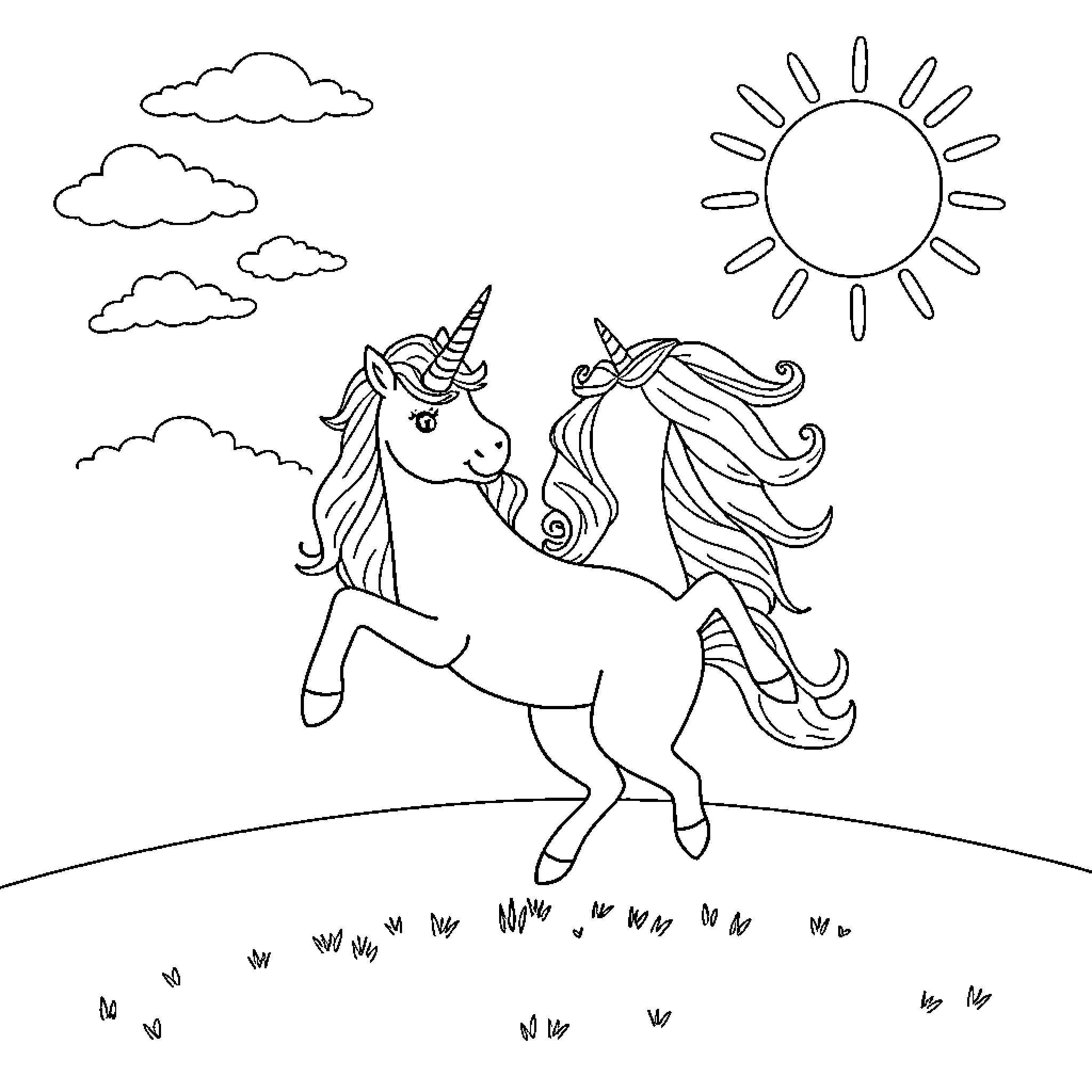 Bluey unicorns frolicking in the sunshine Coloring Page (free black-and-white line drawing printable PDF for all, from beginners to advanced learners, including children, teens, adults, and seniors)