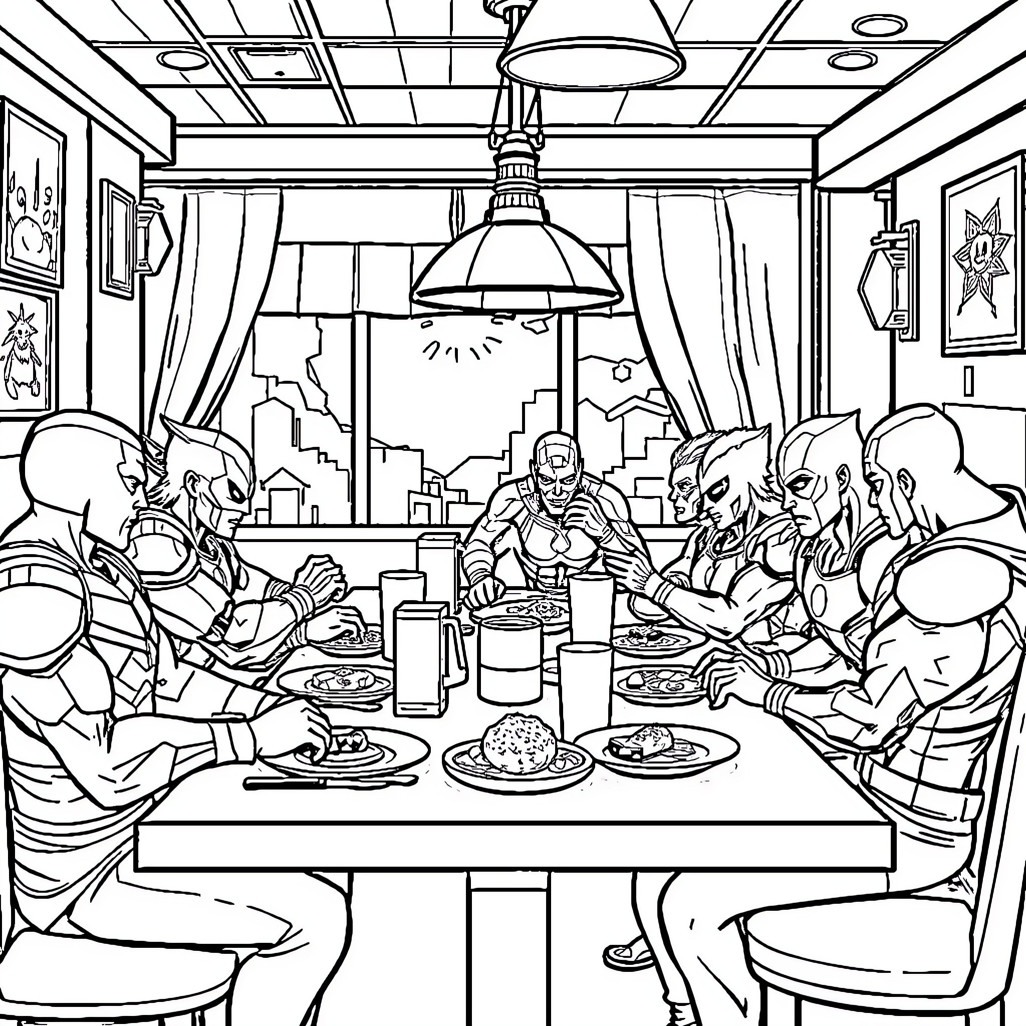 Marvel Character Superhero Dining Together Coloring Page (free black-and-white line drawing printable PDF for all, from beginners to advanced learners, including children, teens, adults, and seniors)