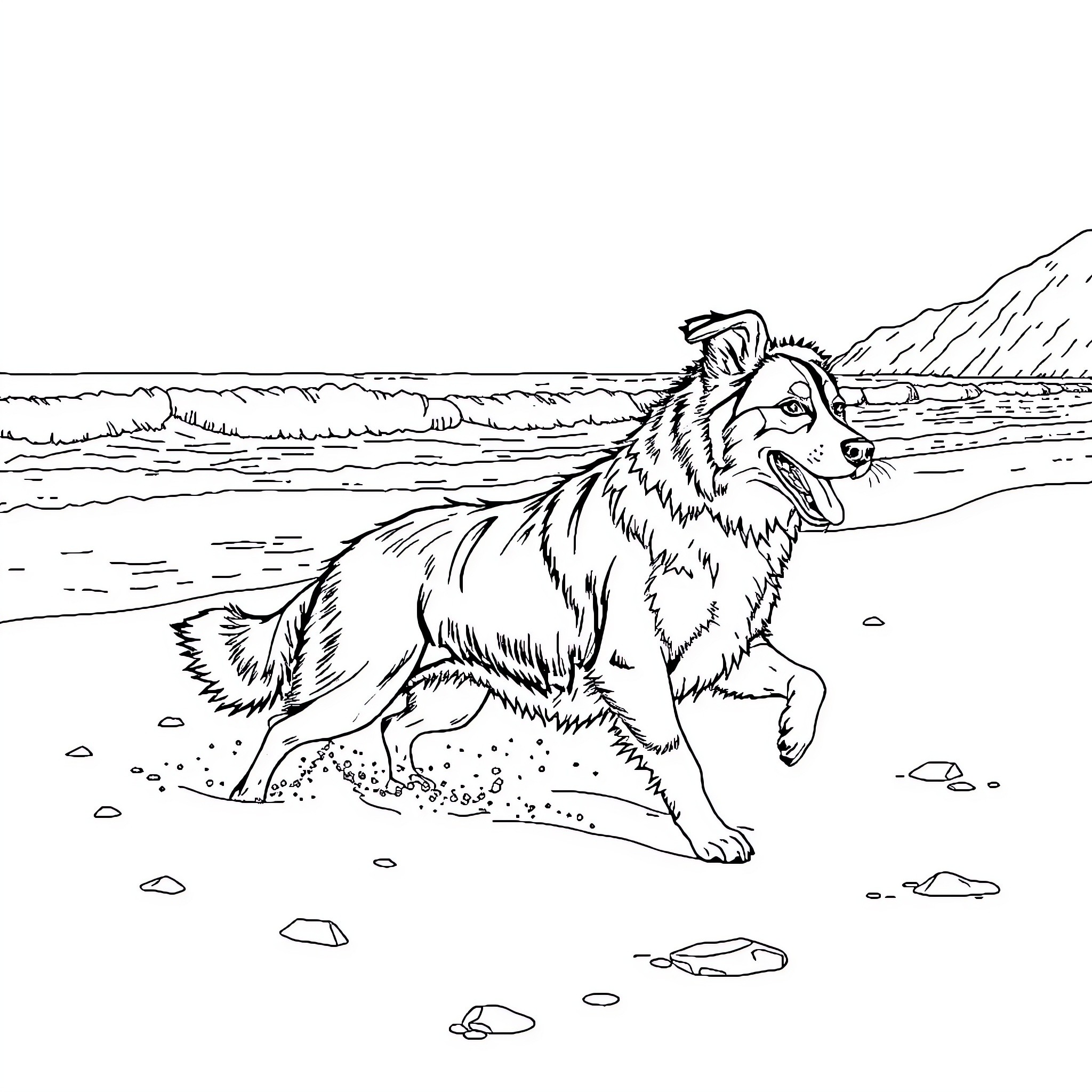 Dog running joyfully on the beach Coloring Page (free black-and-white line drawing printable PDF for all, from beginners to advanced learners, including children, teens, adults, and seniors)