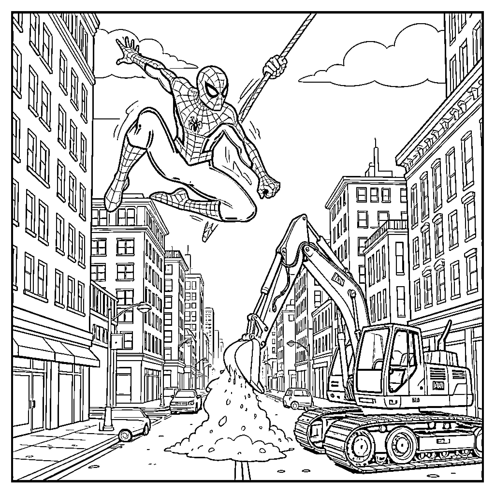 Spiderman swinging through a busy city street Coloring Page (free black-and-white line drawing printable PDF for all, from beginners to advanced learners, including children, teens, adults, and seniors)