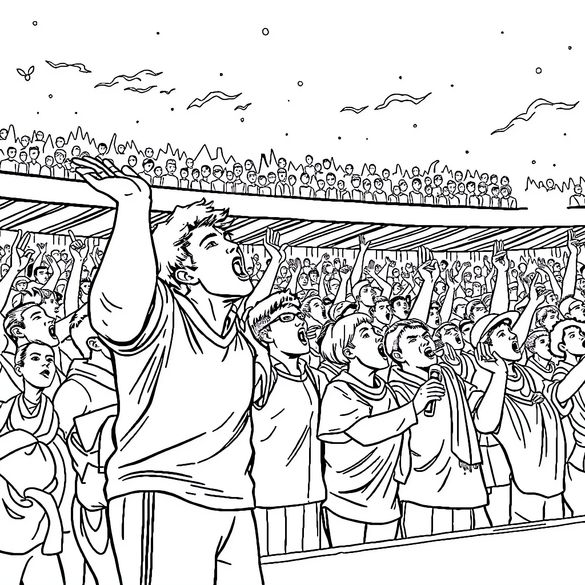 Football Stadium Filled with Cheering Fans Coloring Page (free black-and-white line drawing printable PDF for all, from beginners to advanced learners, including children, teens, adults, and seniors)