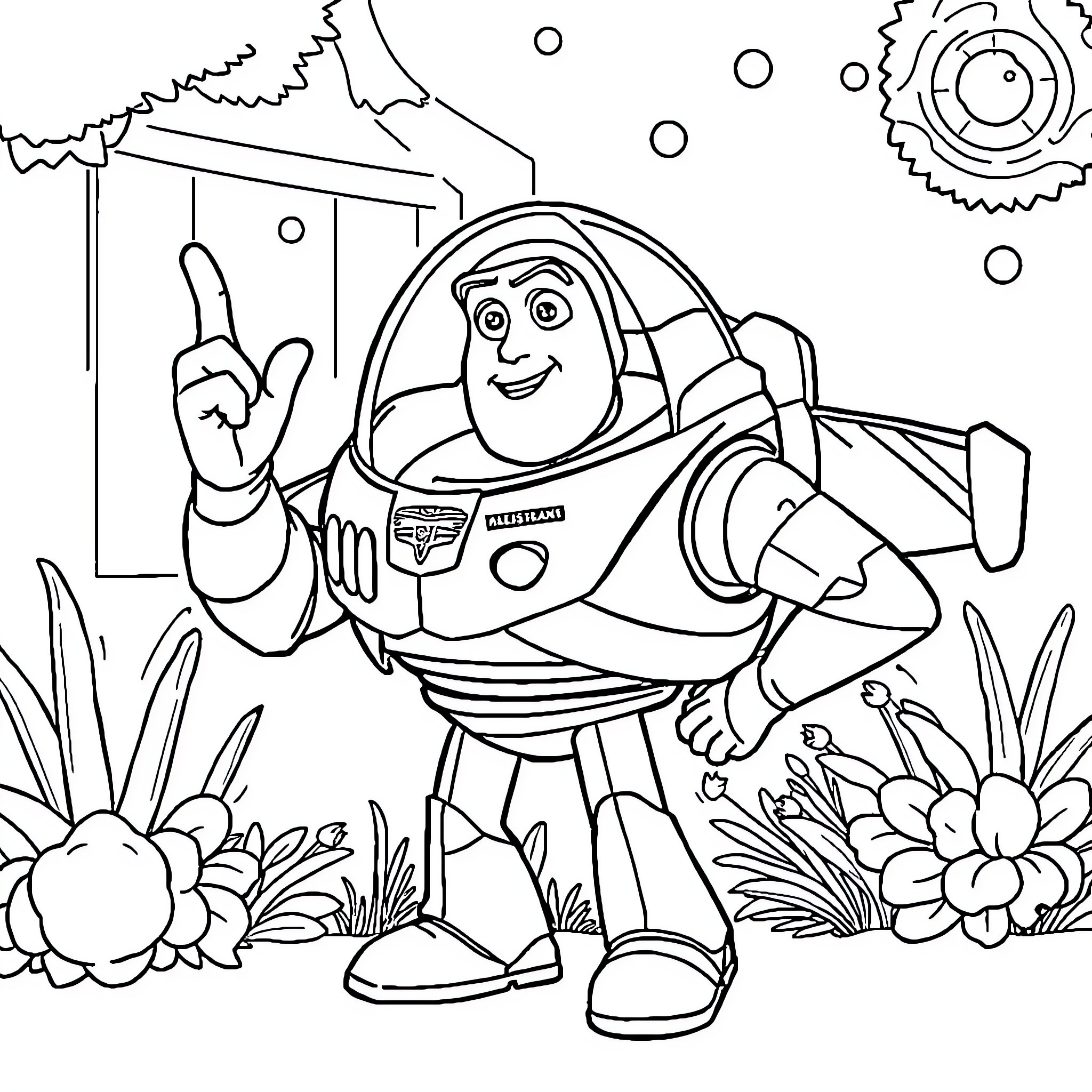 Buzz Lightyear exploring the galaxy Coloring Page (free black-and-white line drawing printable PDF for all, from beginners to advanced learners, including children, teens, adults, and seniors)