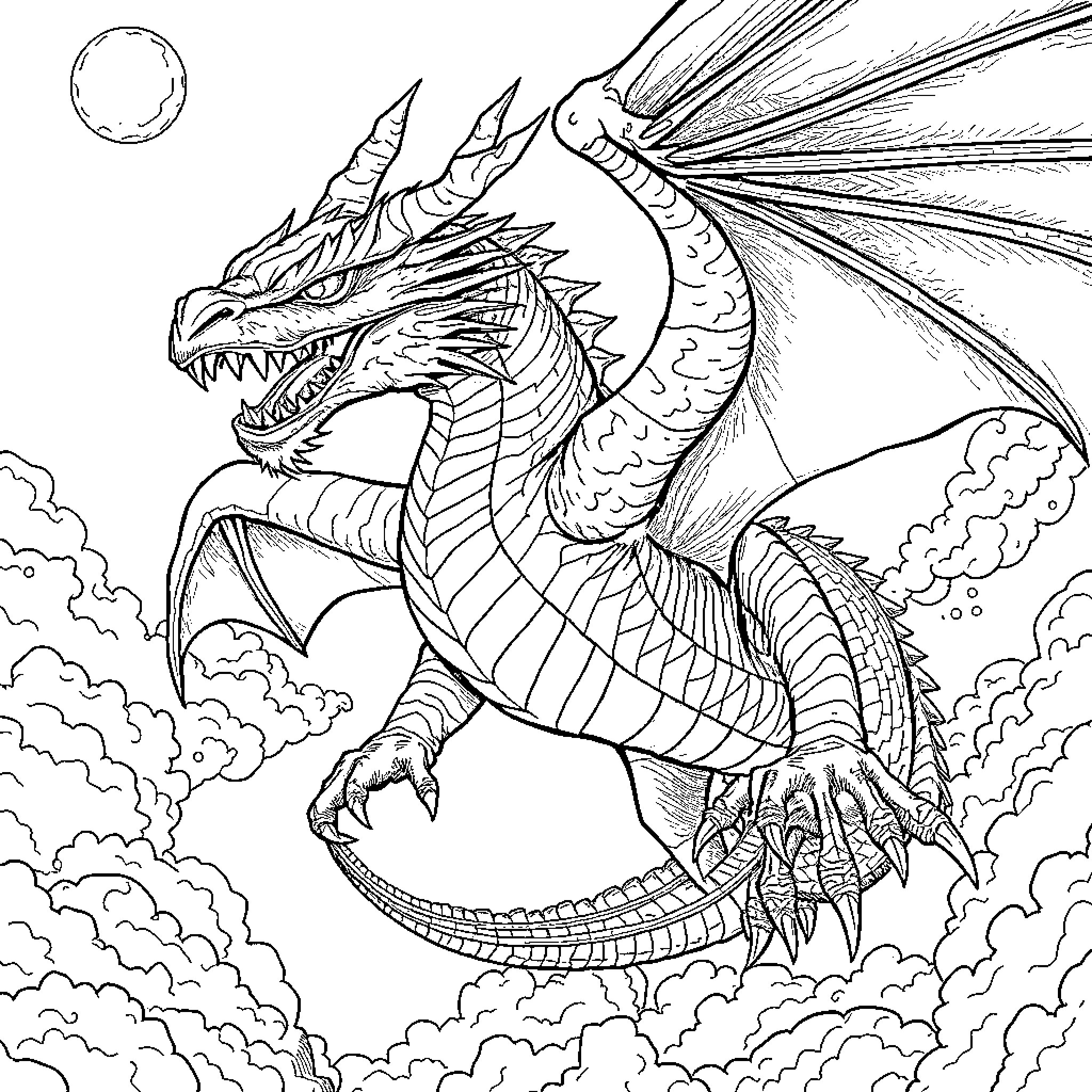 Dragon soaring through the cloudy skies Coloring Page (free black-and-white line drawing printable PDF for all, from beginners to advanced learners, including children, teens, adults, and seniors)