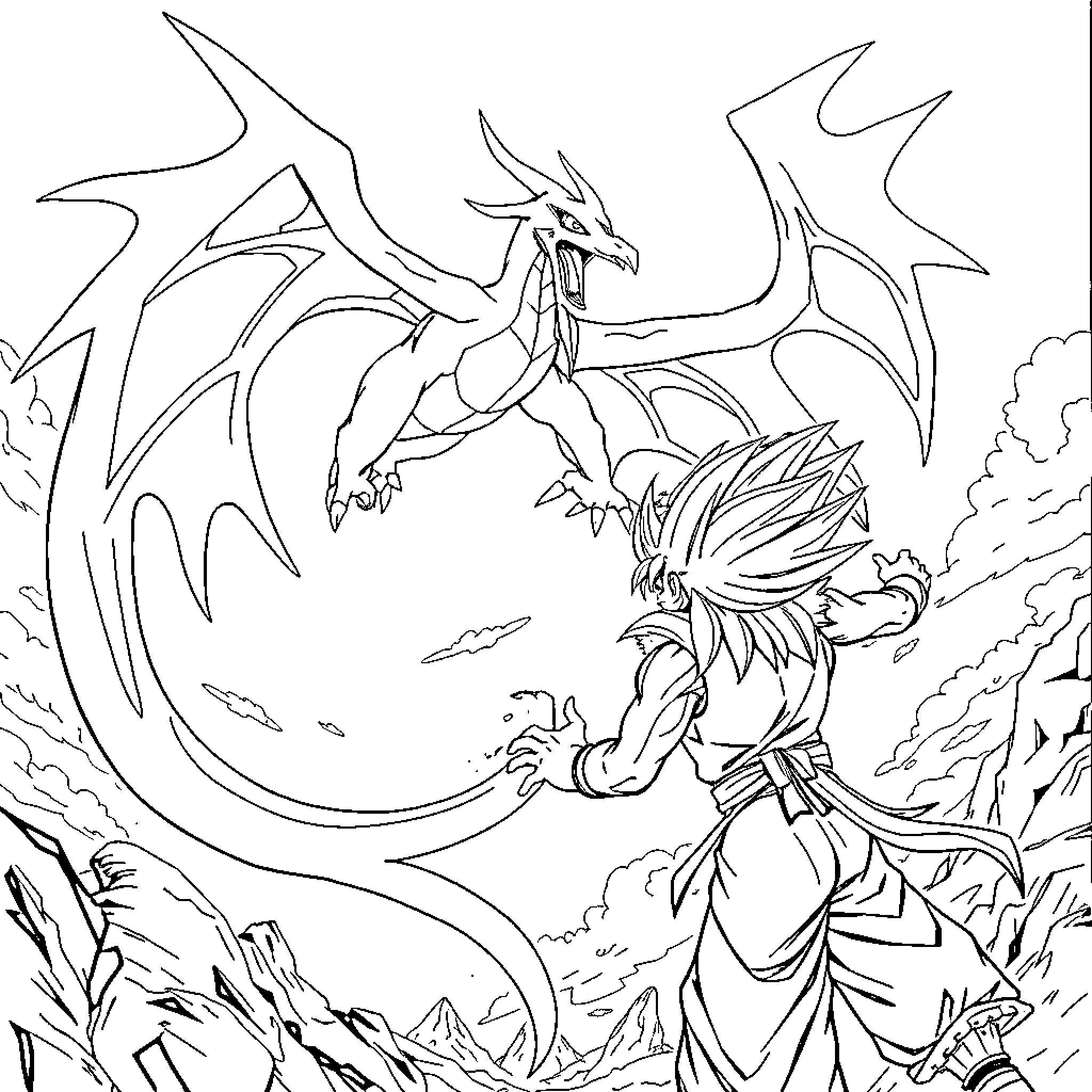 Mega Rayquaza unleashing its power against a brave fighter Coloring Page (free black-and-white line drawing printable PDF for all, from beginners to advanced learners, including children, teens, adults, and seniors)