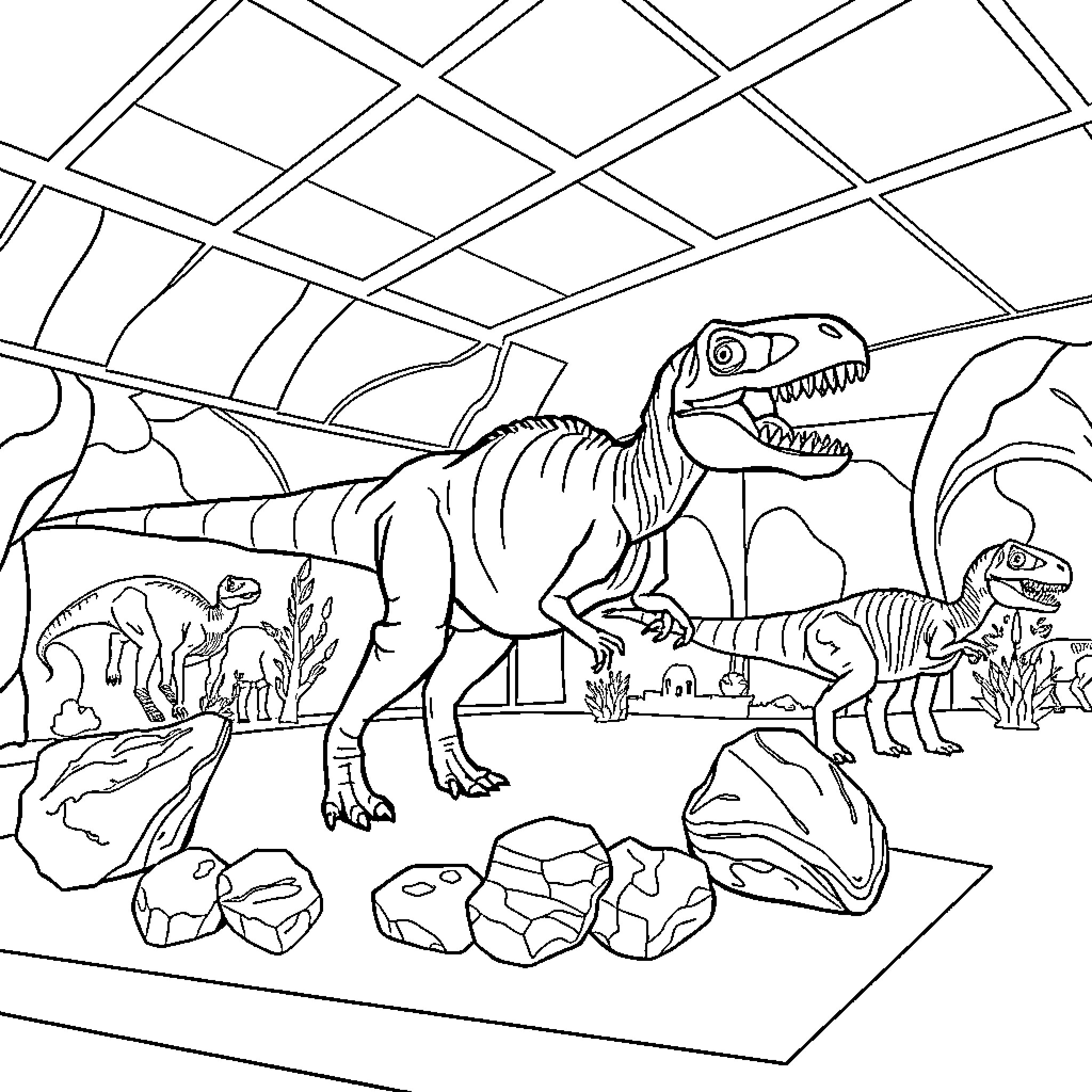 Dinosaurs roaming in a prehistoric scene Coloring Page (free black-and-white line drawing printable PDF for all, from beginners to advanced learners, including children, teens, adults, and seniors)
