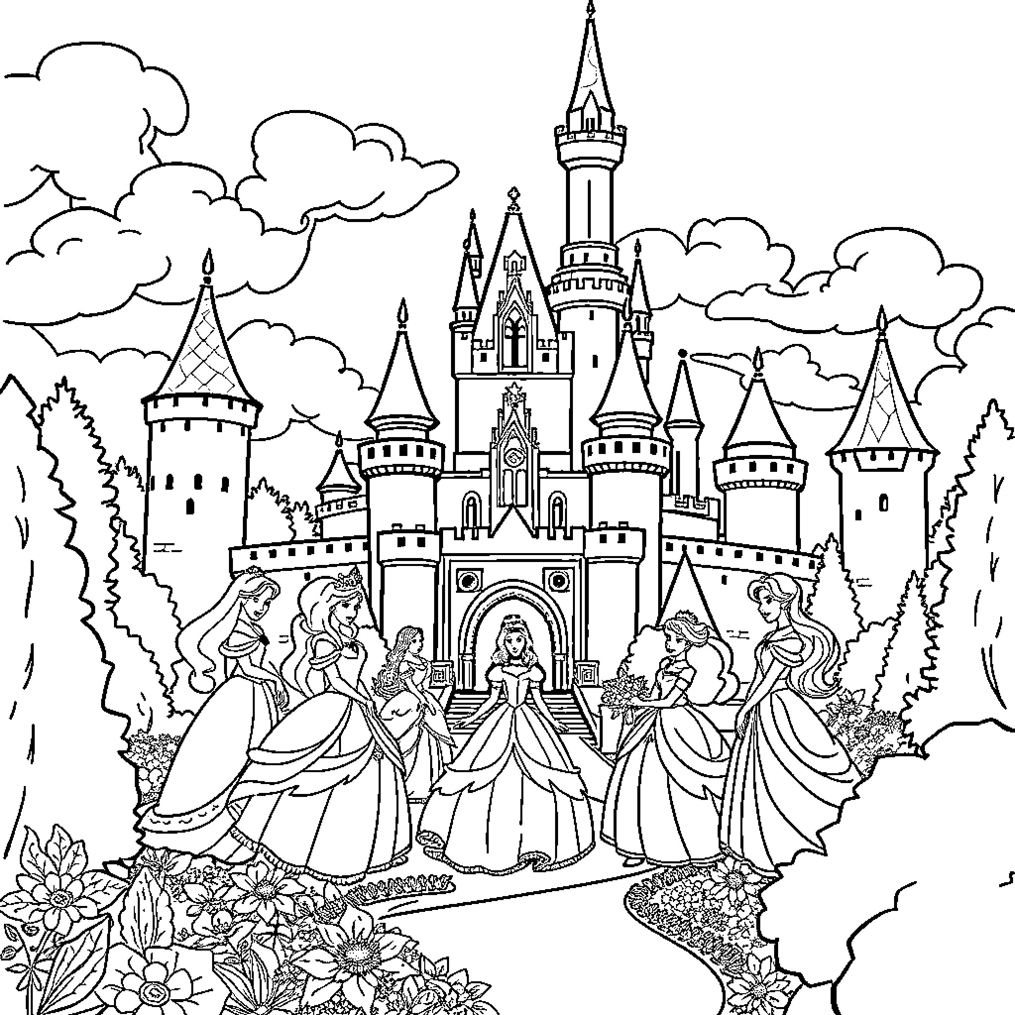 Princess Enjoying a Ball with Royal Friends Coloring Page (free black-and-white line drawing printable PDF for all, from beginners to advanced learners, including children, teens, adults, and seniors)