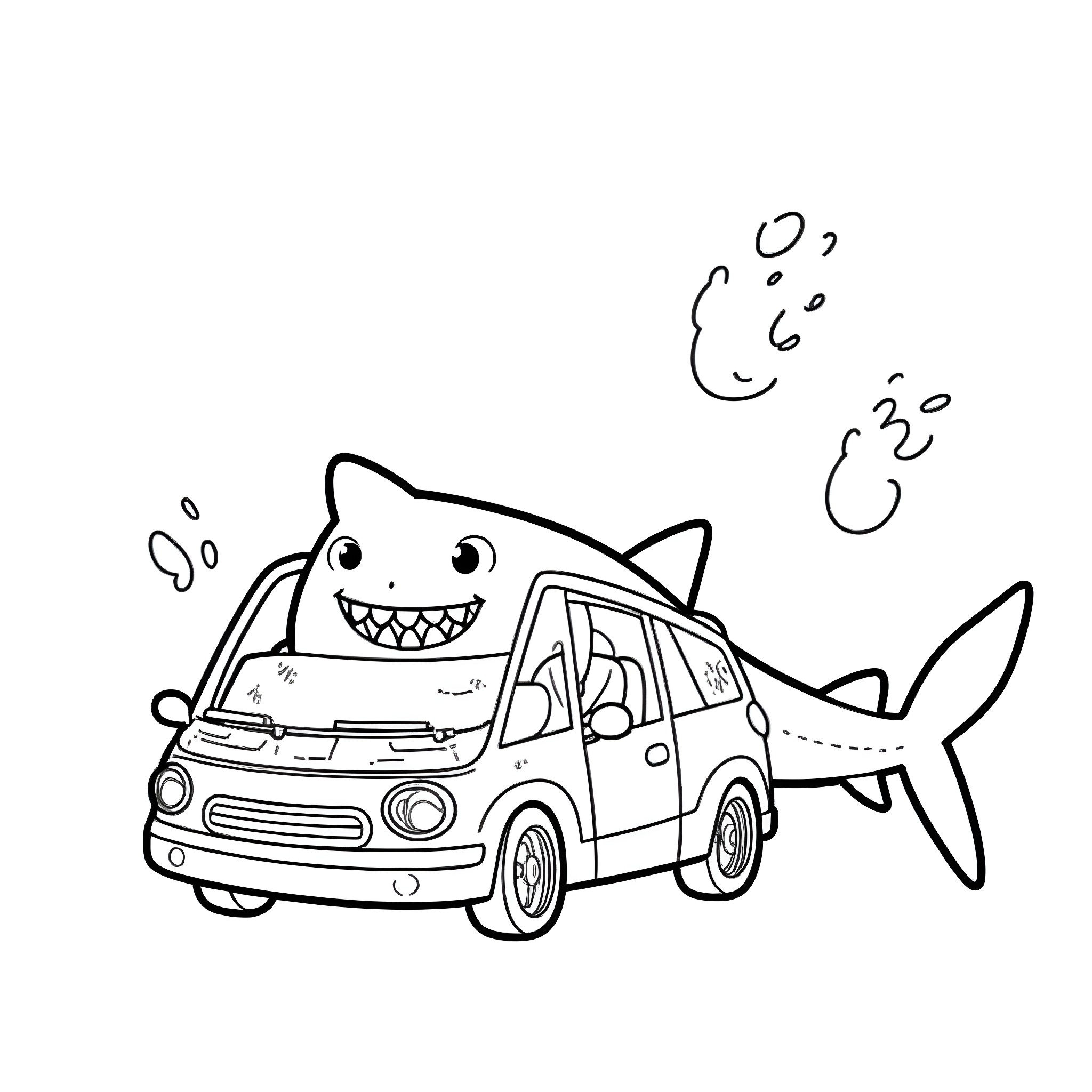 Shark-themed car driving playfully Coloring Page (free black-and-white line drawing printable PDF for all, from beginners to advanced learners, including children, teens, adults, and seniors)